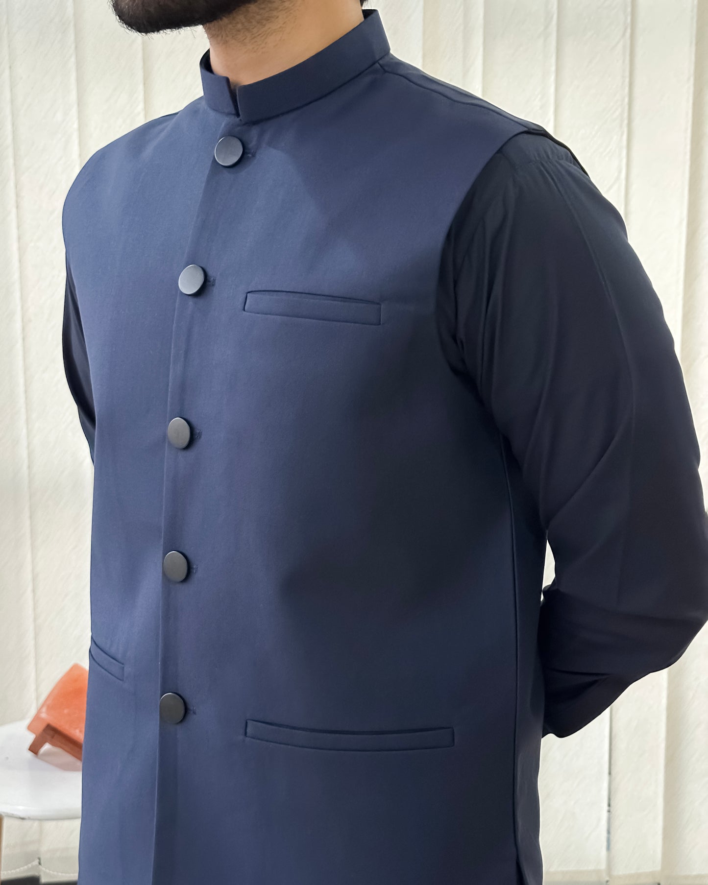 Navy Blue Kurta Shalwar with Suiting Waistcoat - Straight Cut - Men