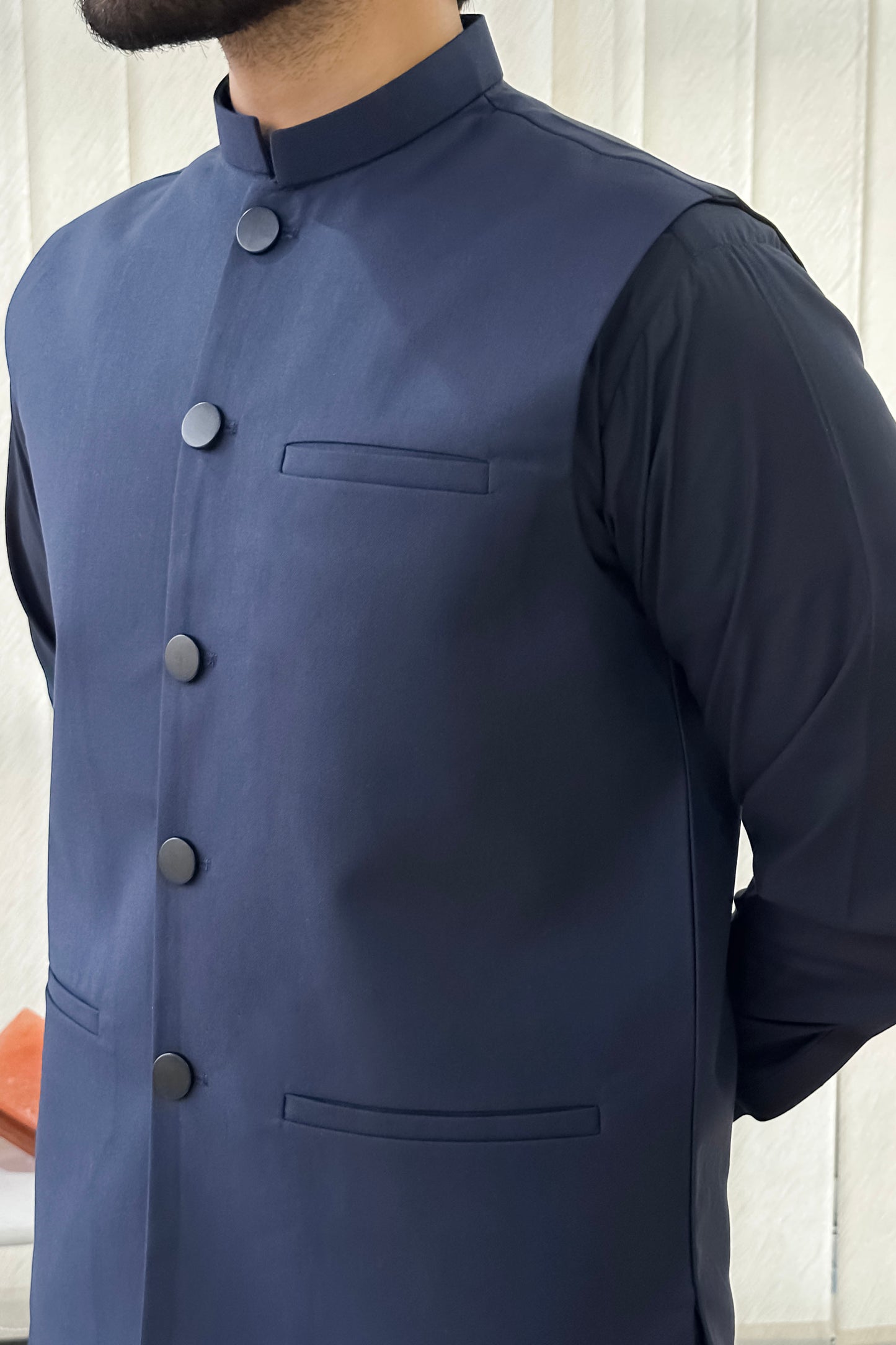 Navy Blue Kurta Shalwar with Suiting Waistcoat - Straight Cut - Men