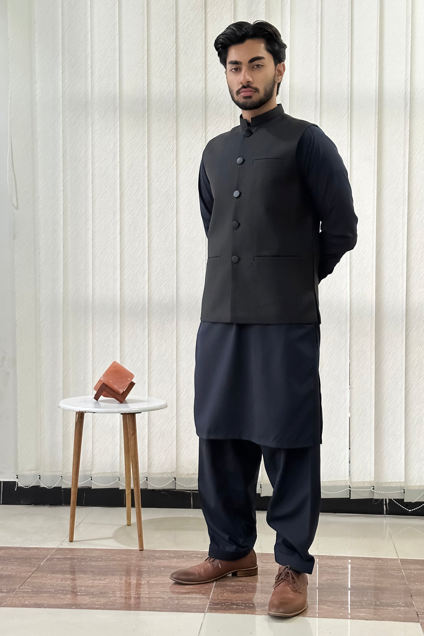 Navy Blue Kurta Shalwar with Black Suiting Waistcoat - Straight Cut - Men