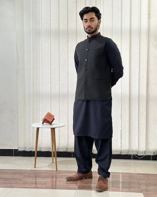 Navy Blue Kurta Shalwar with Black Suiting Waistcoat - Straight Cut - Men