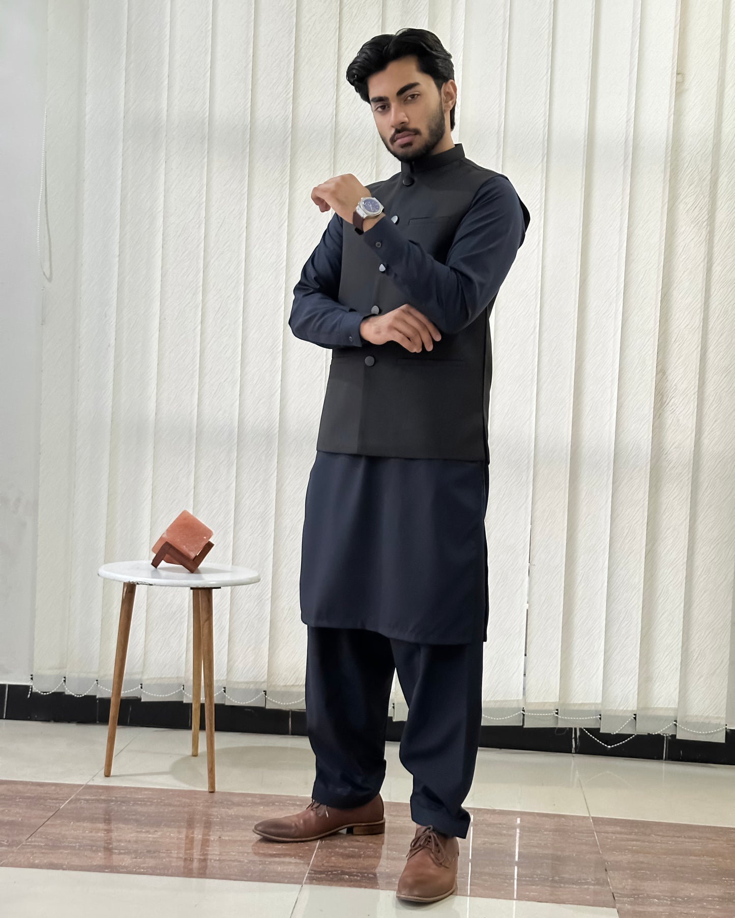 Navy Blue Kurta Shalwar with Black Suiting Waistcoat - Straight Cut - Men