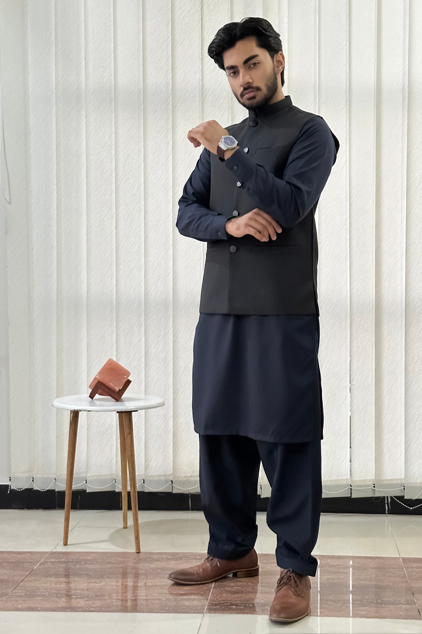Navy Blue Kurta Shalwar with Black Suiting Waistcoat - Straight Cut - Men