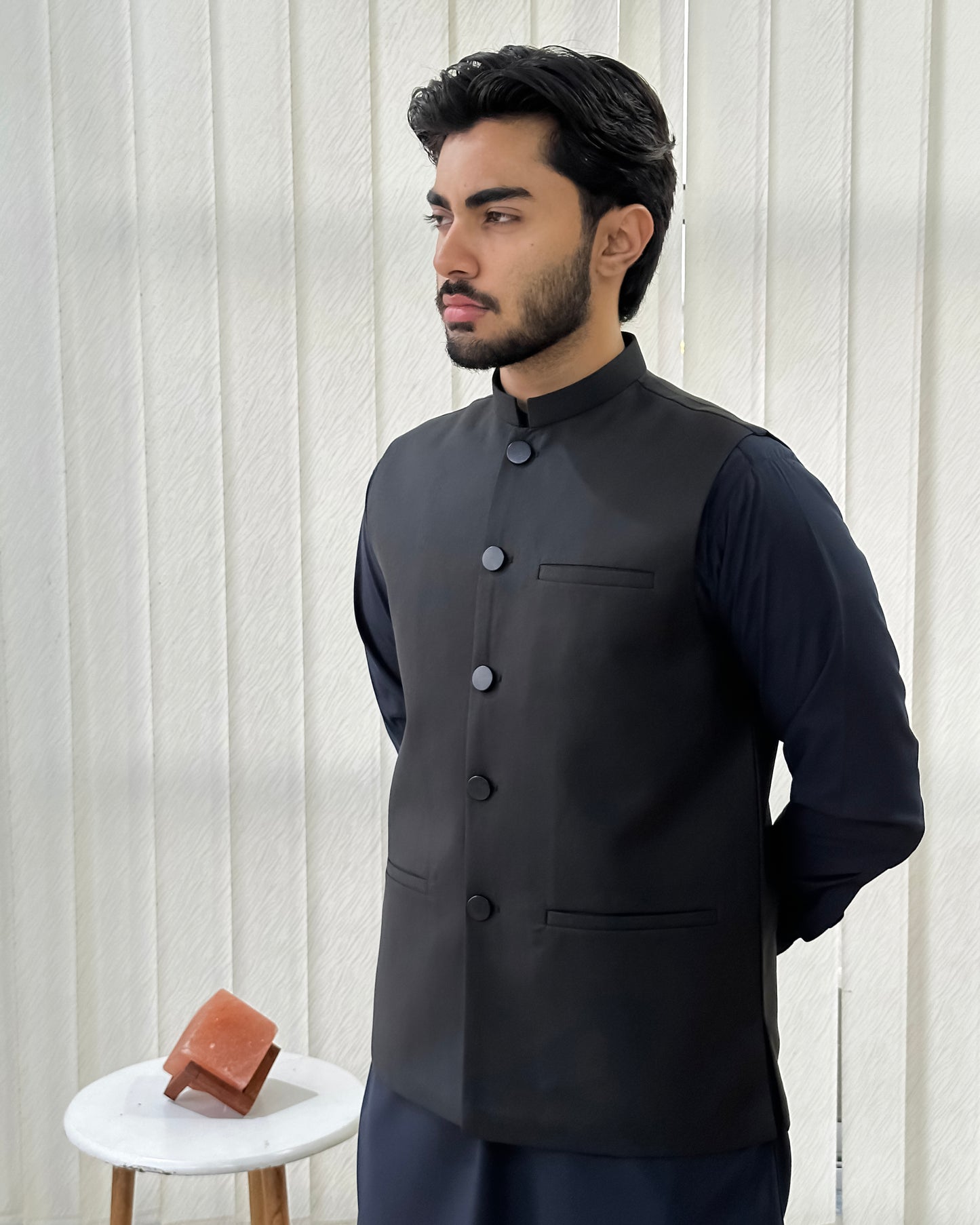 Navy Blue Kurta Shalwar with Black Suiting Waistcoat - Straight Cut - Men