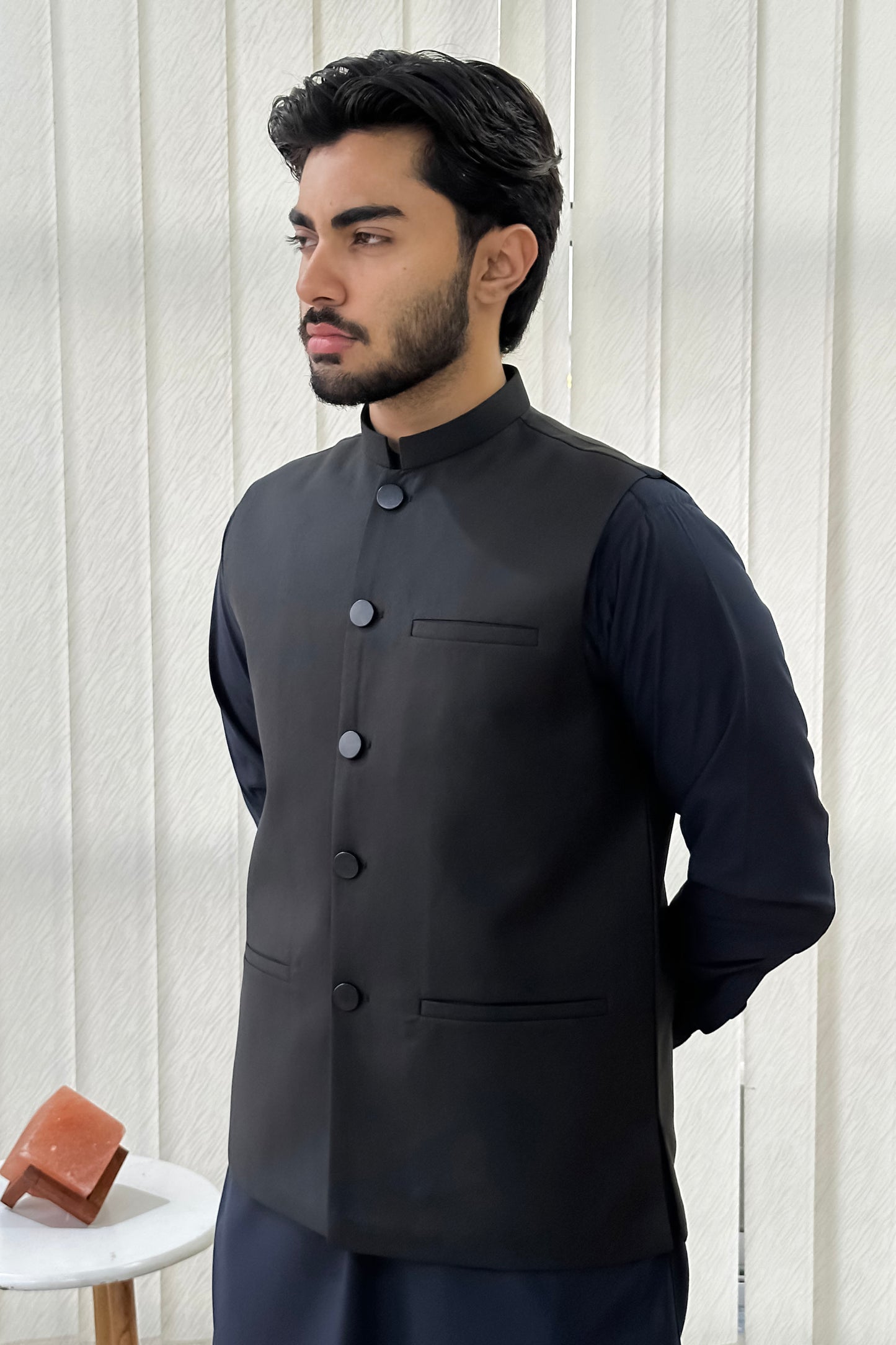 Navy Blue Kurta Shalwar with Black Suiting Waistcoat - Straight Cut - Men