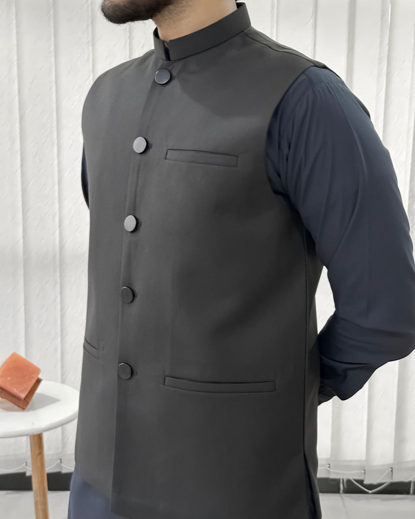 Navy Blue Kurta Shalwar with Black Suiting Waistcoat - Straight Cut - Men