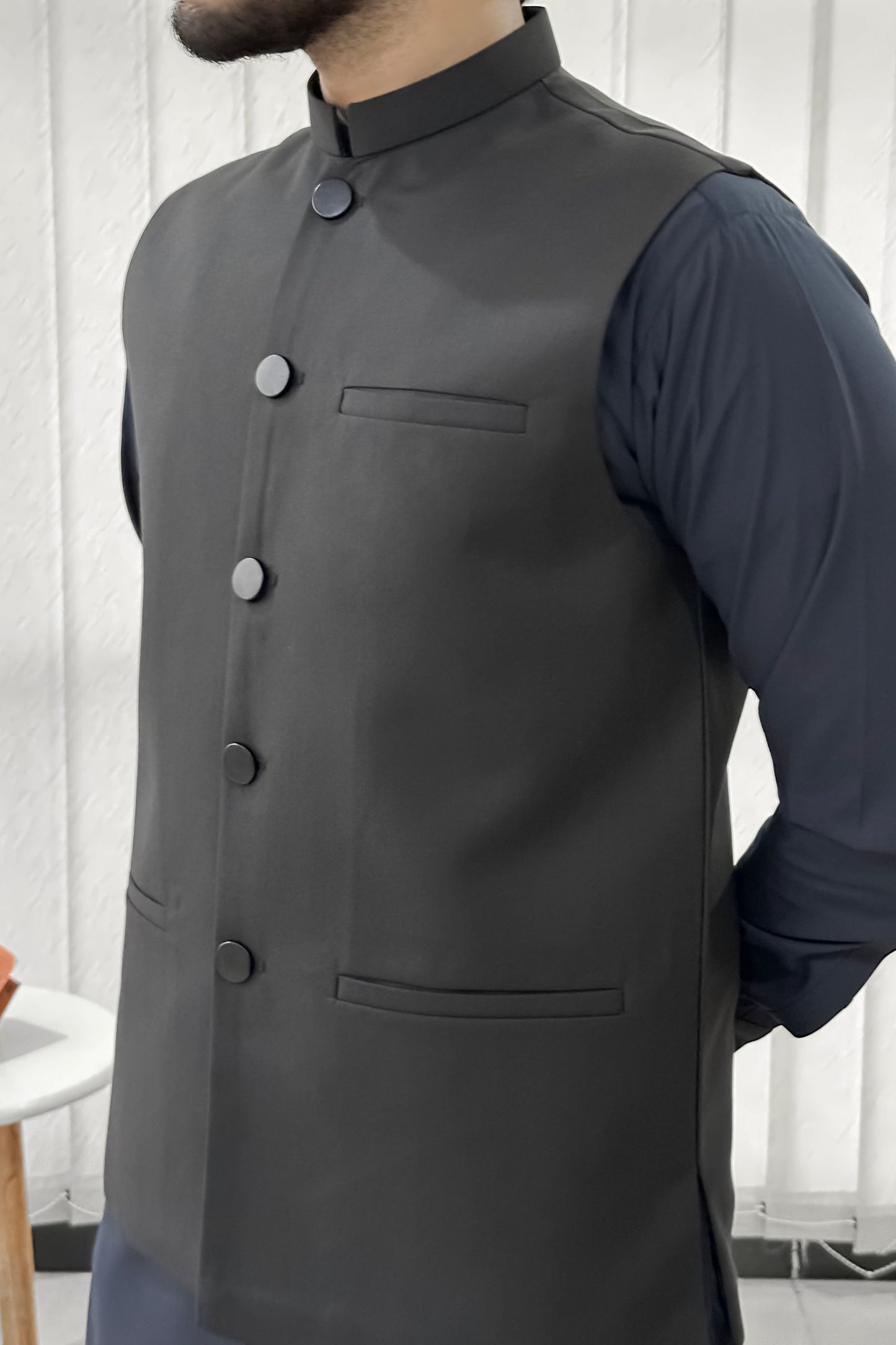 Navy Blue Kurta Shalwar with Black Suiting Waistcoat - Straight Cut - Men