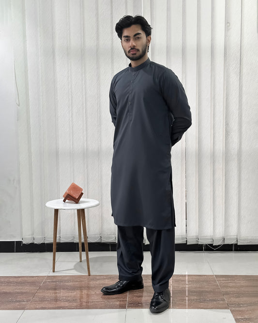 Gray Blended Kurta Shalwar - Men