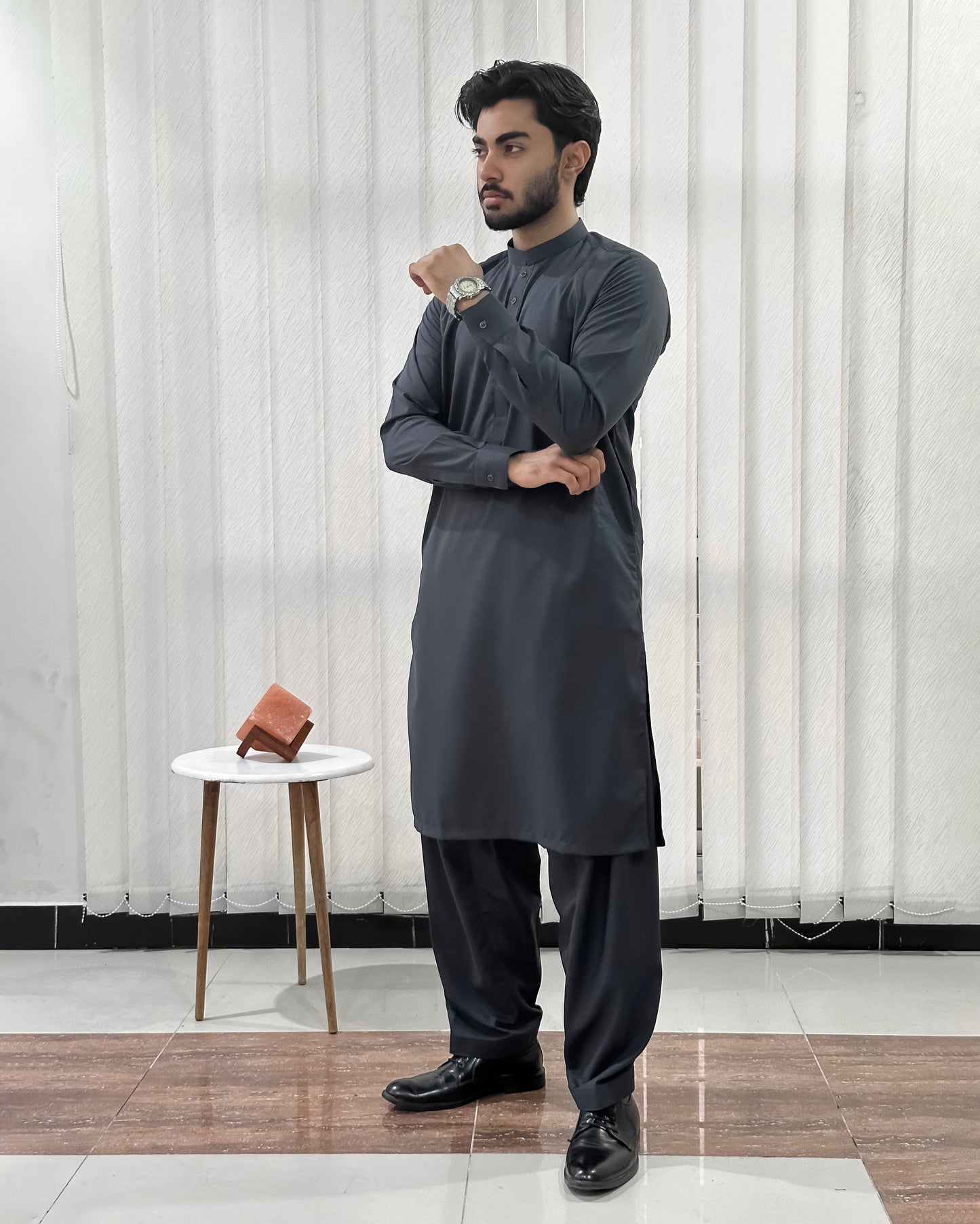 Gray Blended Kurta Shalwar - Men