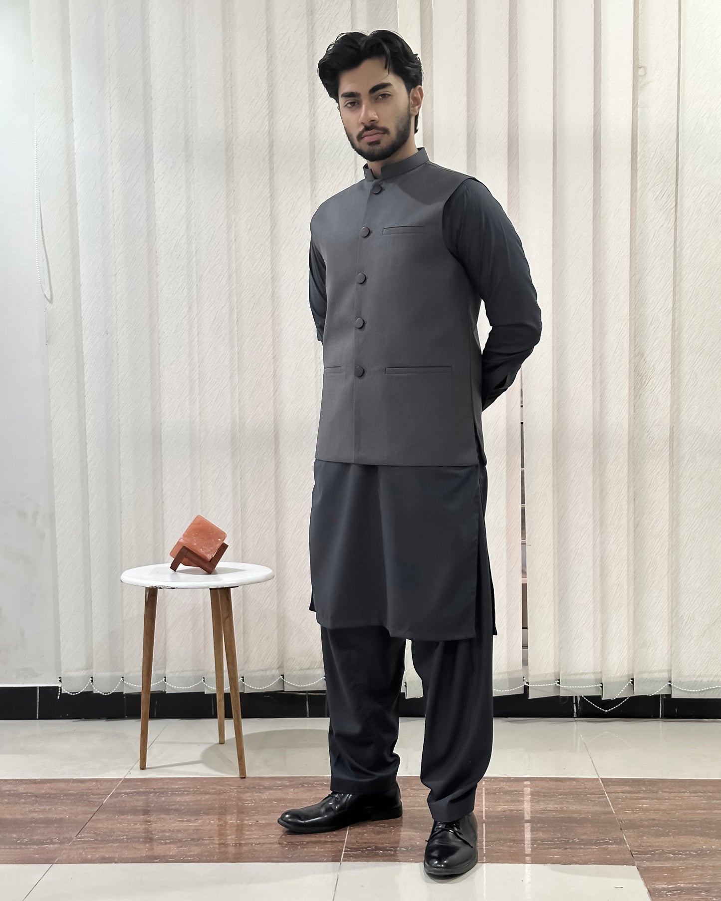 Gray Kurta Shalwar with Suiting Waistcoat - Straight Cut - Men