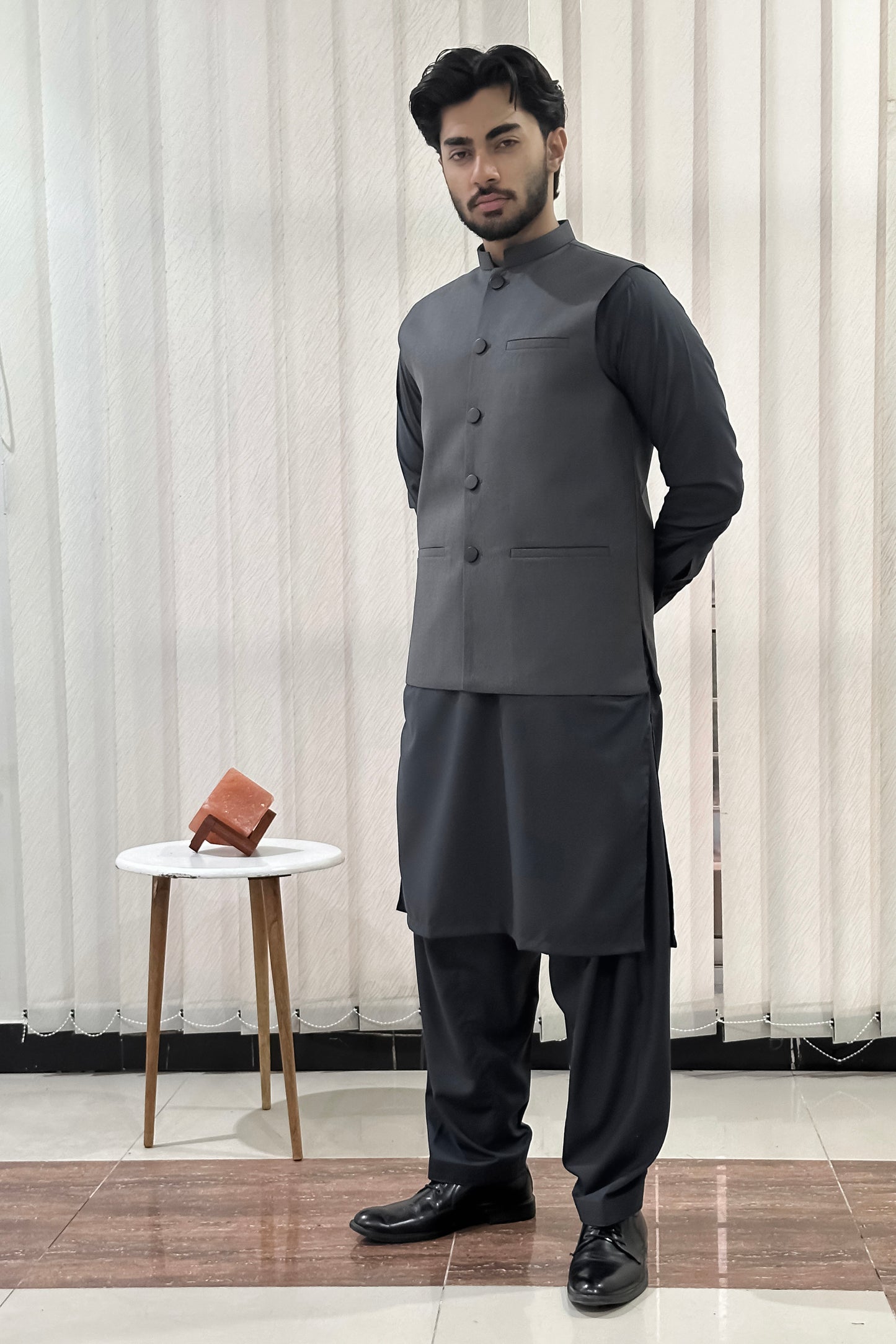 Gray Kurta Shalwar with Suiting Waistcoat - Straight Cut - Men