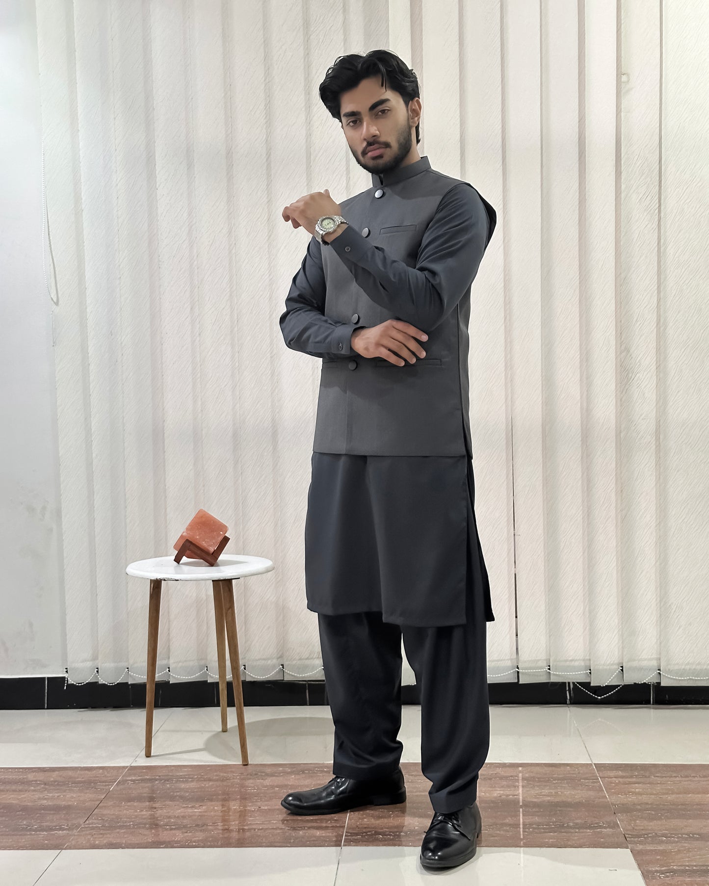 Gray Kurta Shalwar with Suiting Waistcoat - Straight Cut - Men