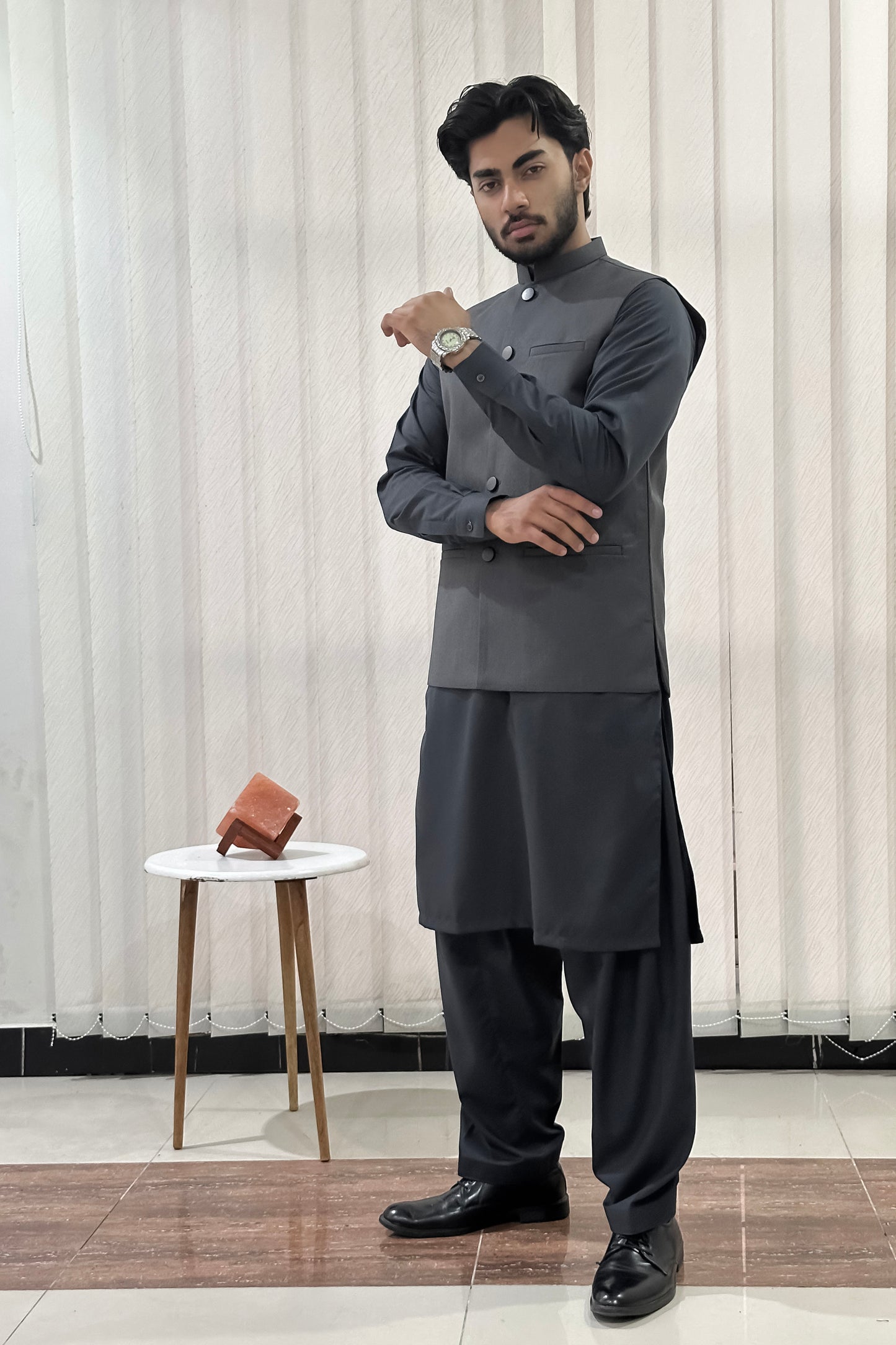 Gray Kurta Shalwar with Suiting Waistcoat - Straight Cut - Men