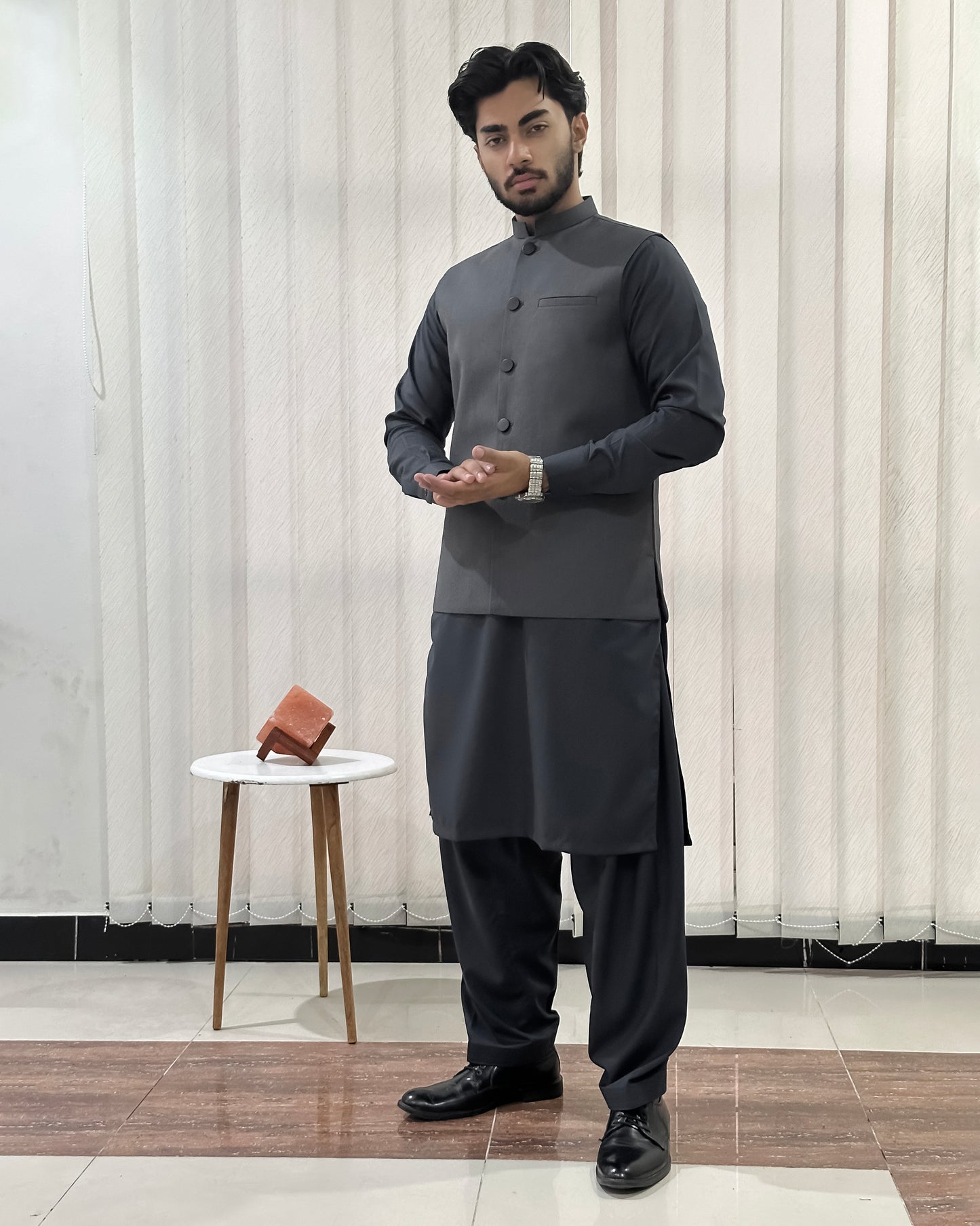 Gray Kurta Shalwar with Suiting Waistcoat - Straight Cut - Men