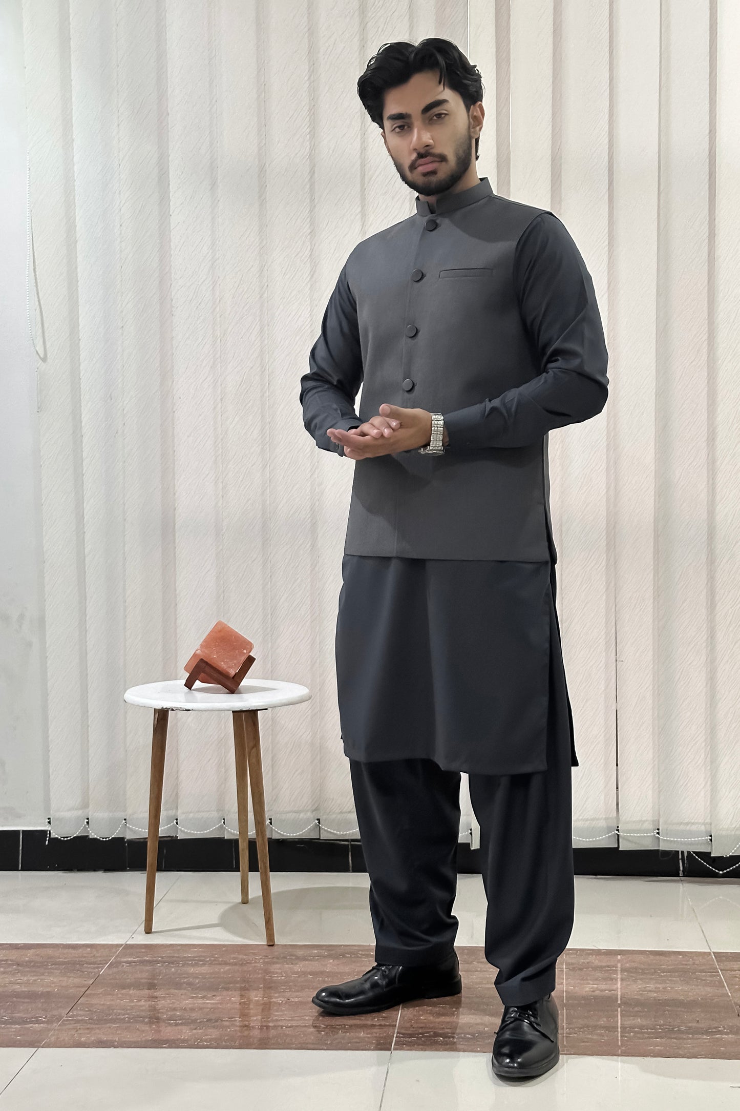 Gray Kurta Shalwar with Suiting Waistcoat - Straight Cut - Men