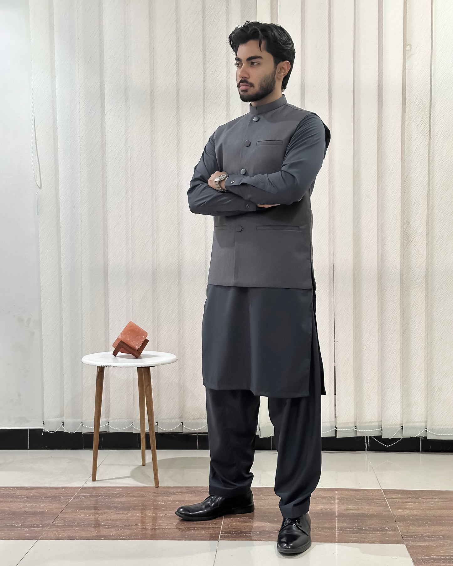 Gray Kurta Shalwar with Suiting Waistcoat - Straight Cut - Men