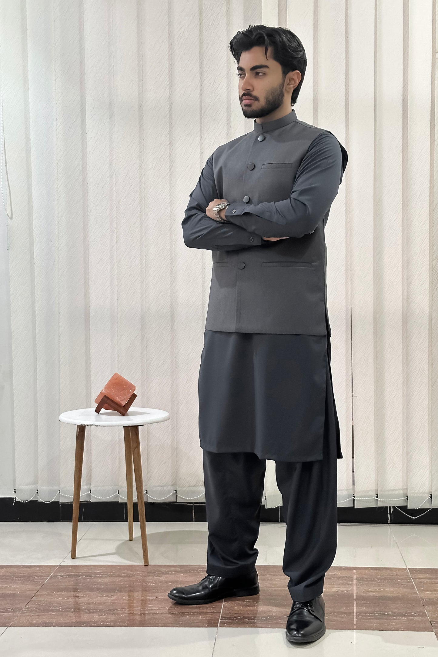 Gray Kurta Shalwar with Suiting Waistcoat - Straight Cut - Men