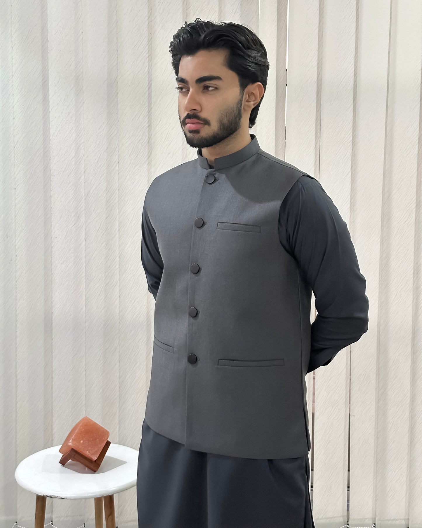 Gray Kurta Shalwar with Suiting Waistcoat - Straight Cut - Men