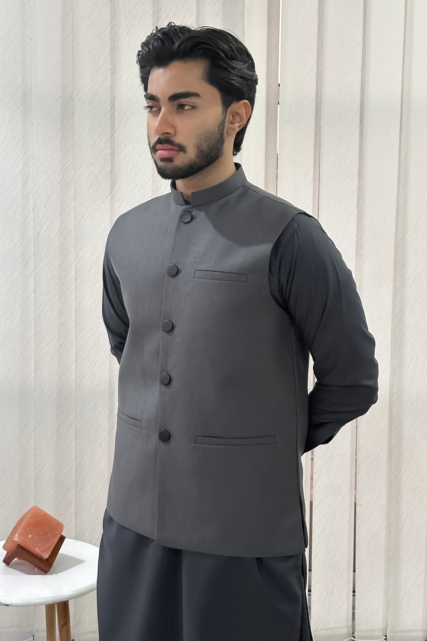 Gray Kurta Shalwar with Suiting Waistcoat - Straight Cut - Men