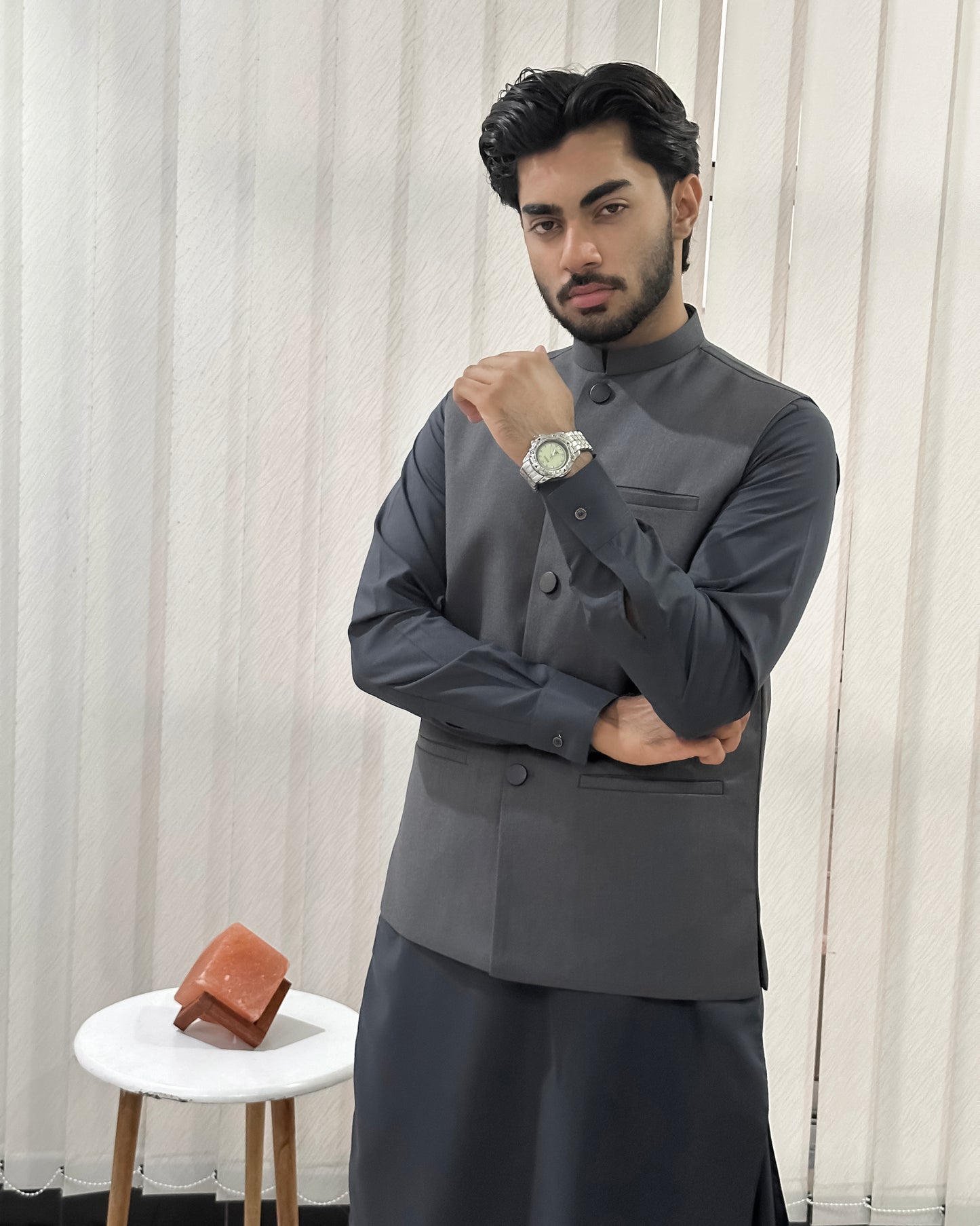 Gray Kurta Shalwar with Suiting Waistcoat - Straight Cut - Men