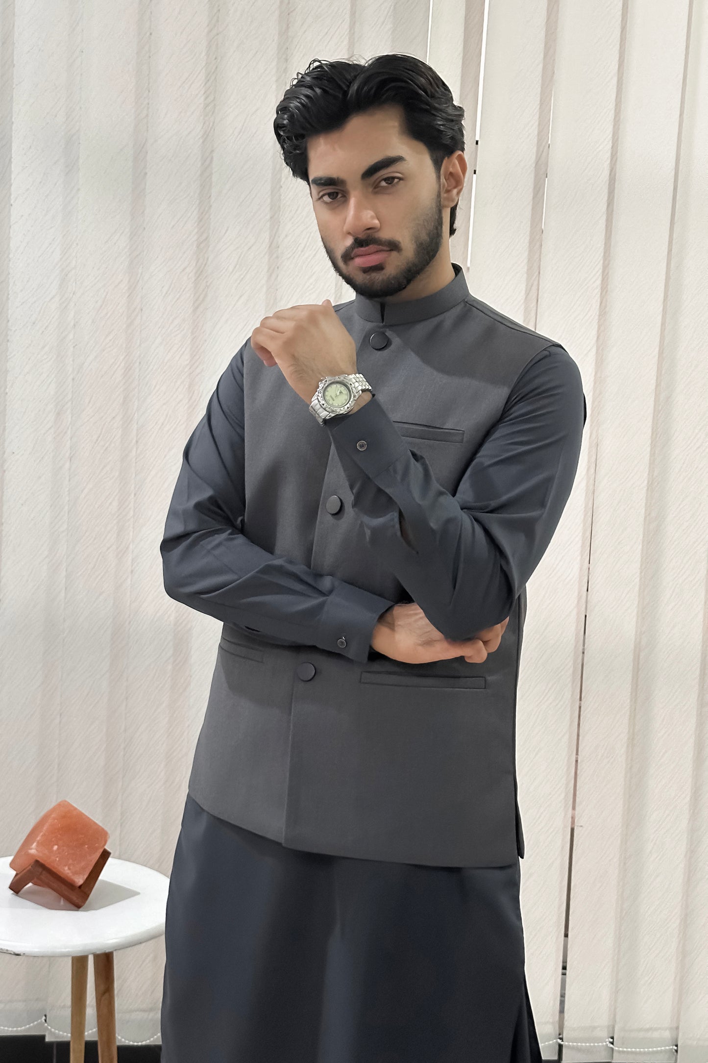 Gray Kurta Shalwar with Suiting Waistcoat - Straight Cut - Men