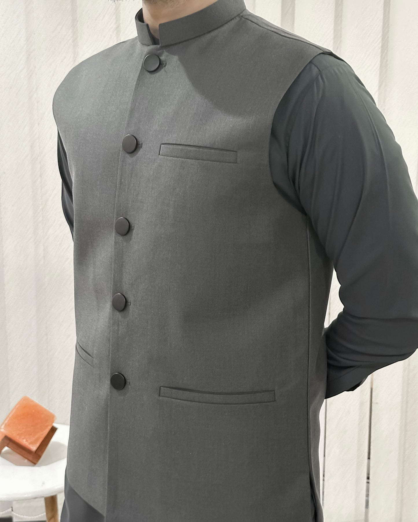 Gray Kurta Shalwar with Suiting Waistcoat - Straight Cut - Men