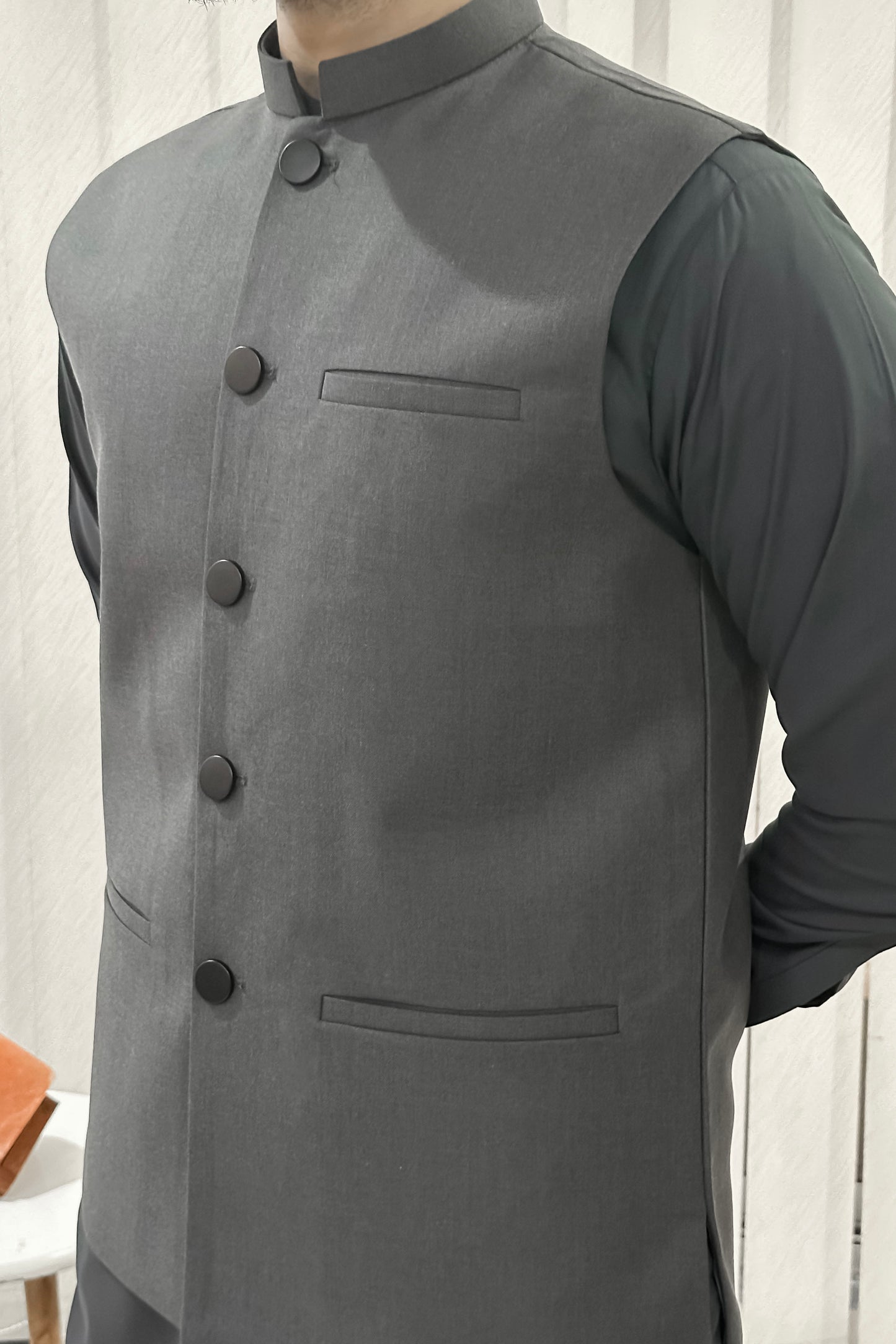 Gray Kurta Shalwar with Suiting Waistcoat - Straight Cut - Men
