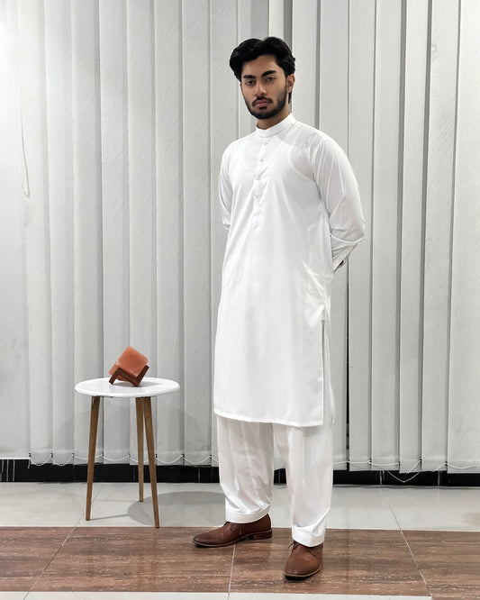 Off White Blended Kurta Shalwar - Men