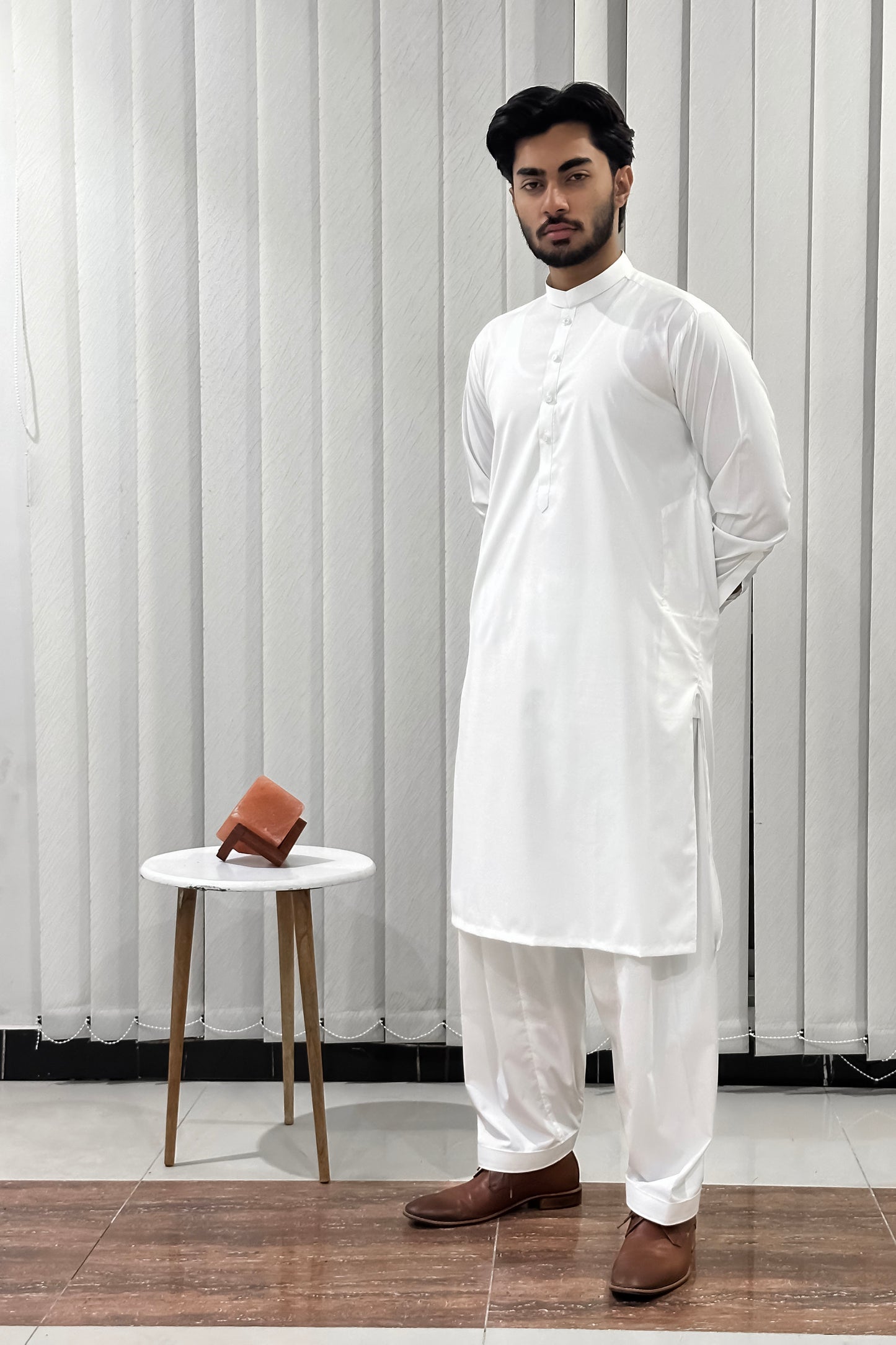Off White Blended Kameez Shalwar - Men