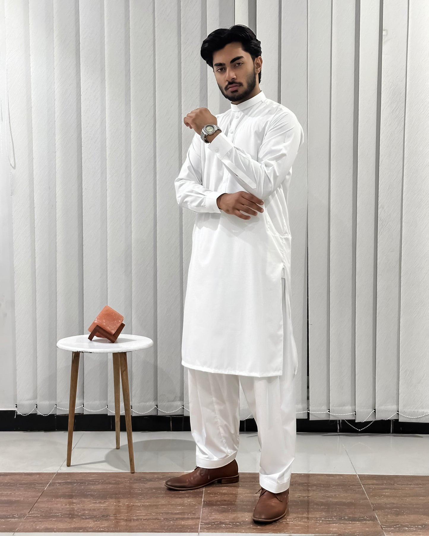 Off White Blended Kurta Shalwar - Men