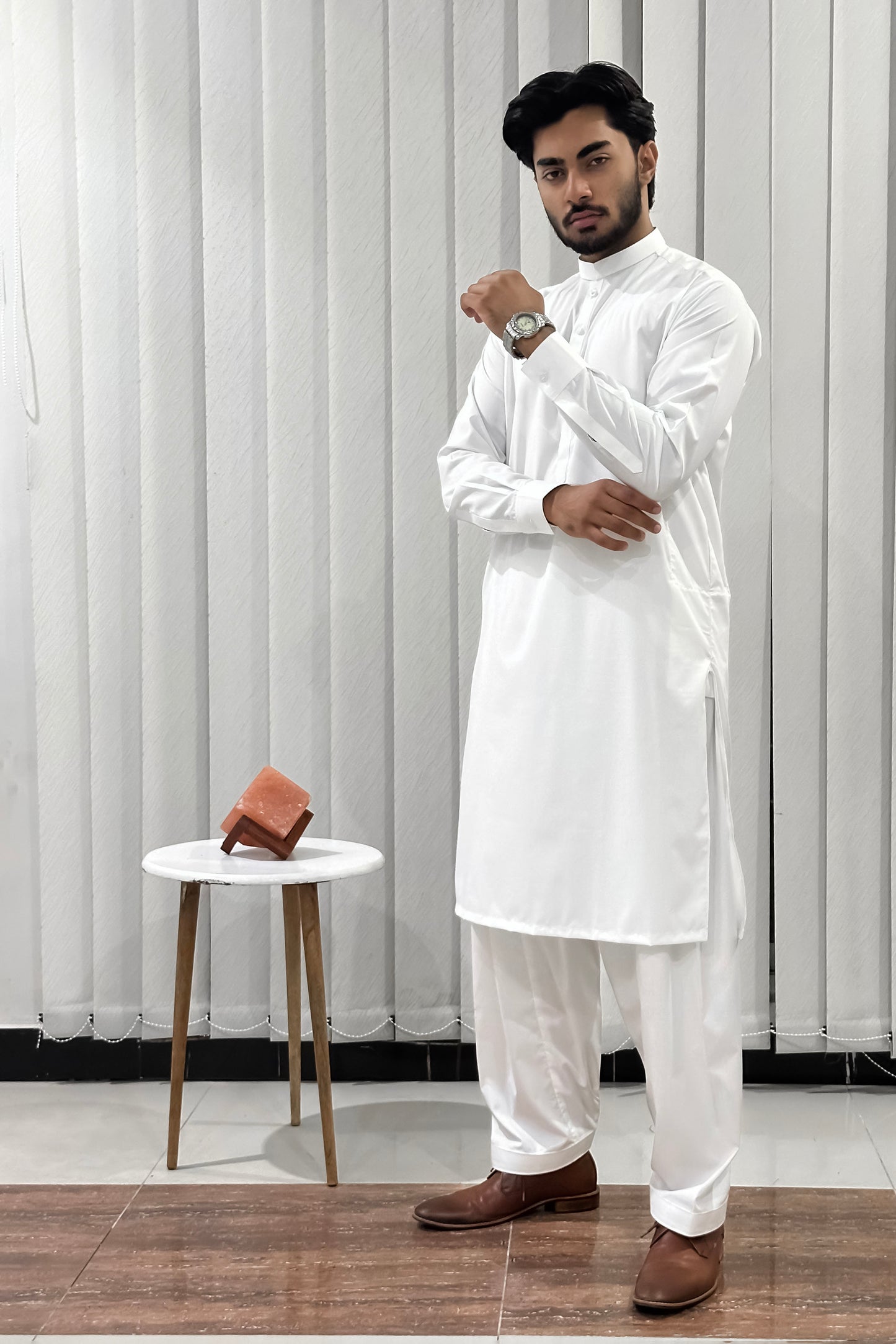 Off White Blended Kameez Shalwar - Men