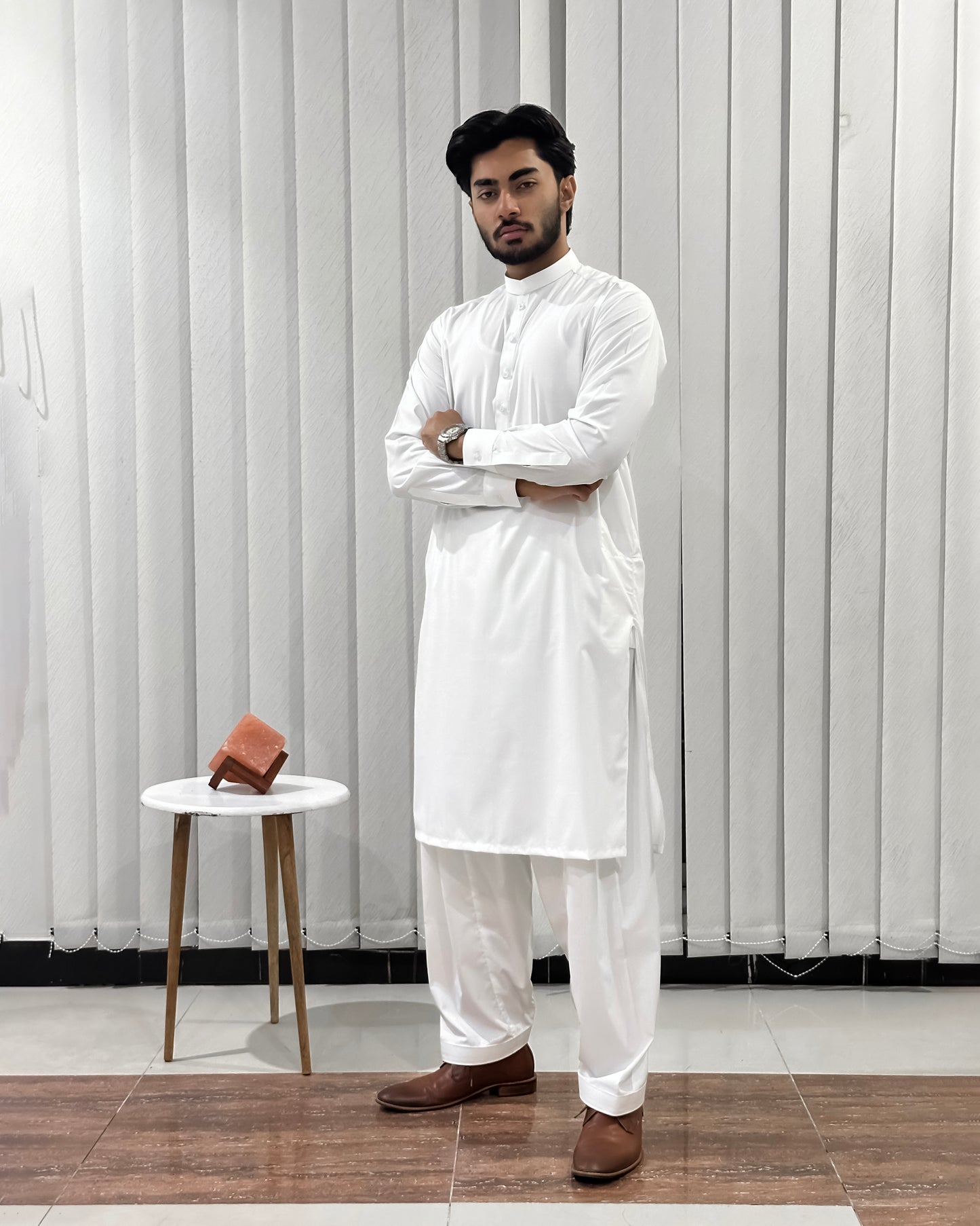 Off White Blended Kurta Shalwar - Men