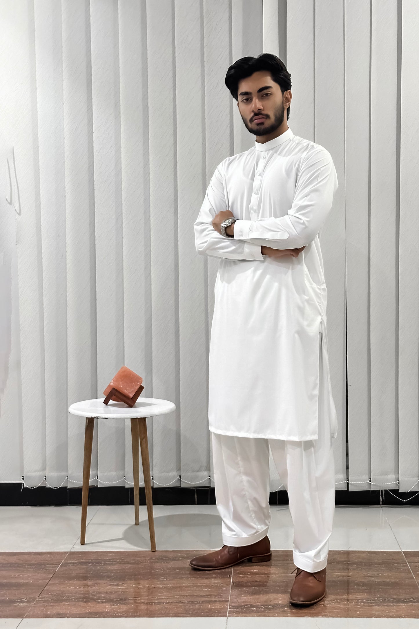 Off White Blended Kameez Shalwar - Men