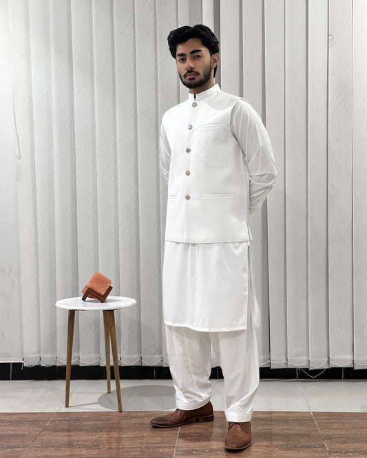 Off White Kurta Shalwar with Suiting Waistcoat - Straight Cut - Men