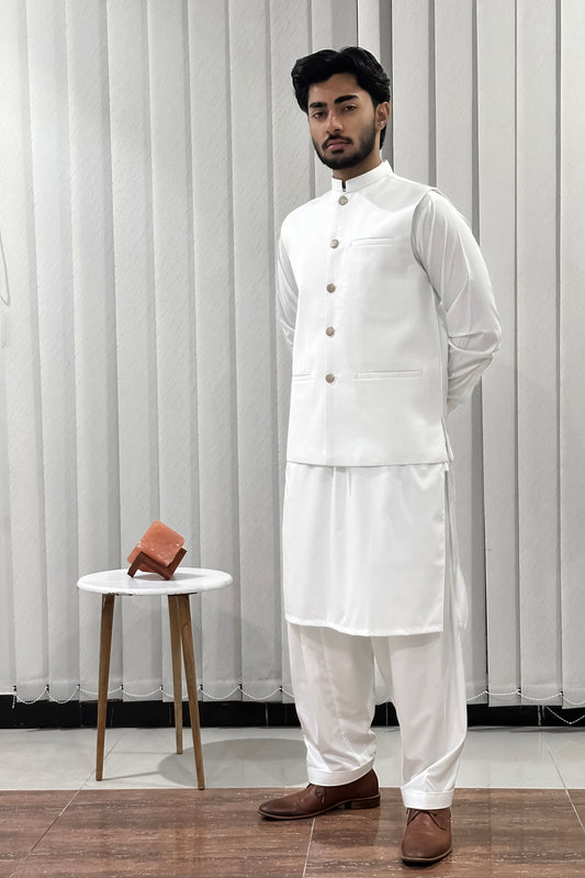 Off White Kurta Shalwar with Suiting Waistcoat - Straight Cut - Men