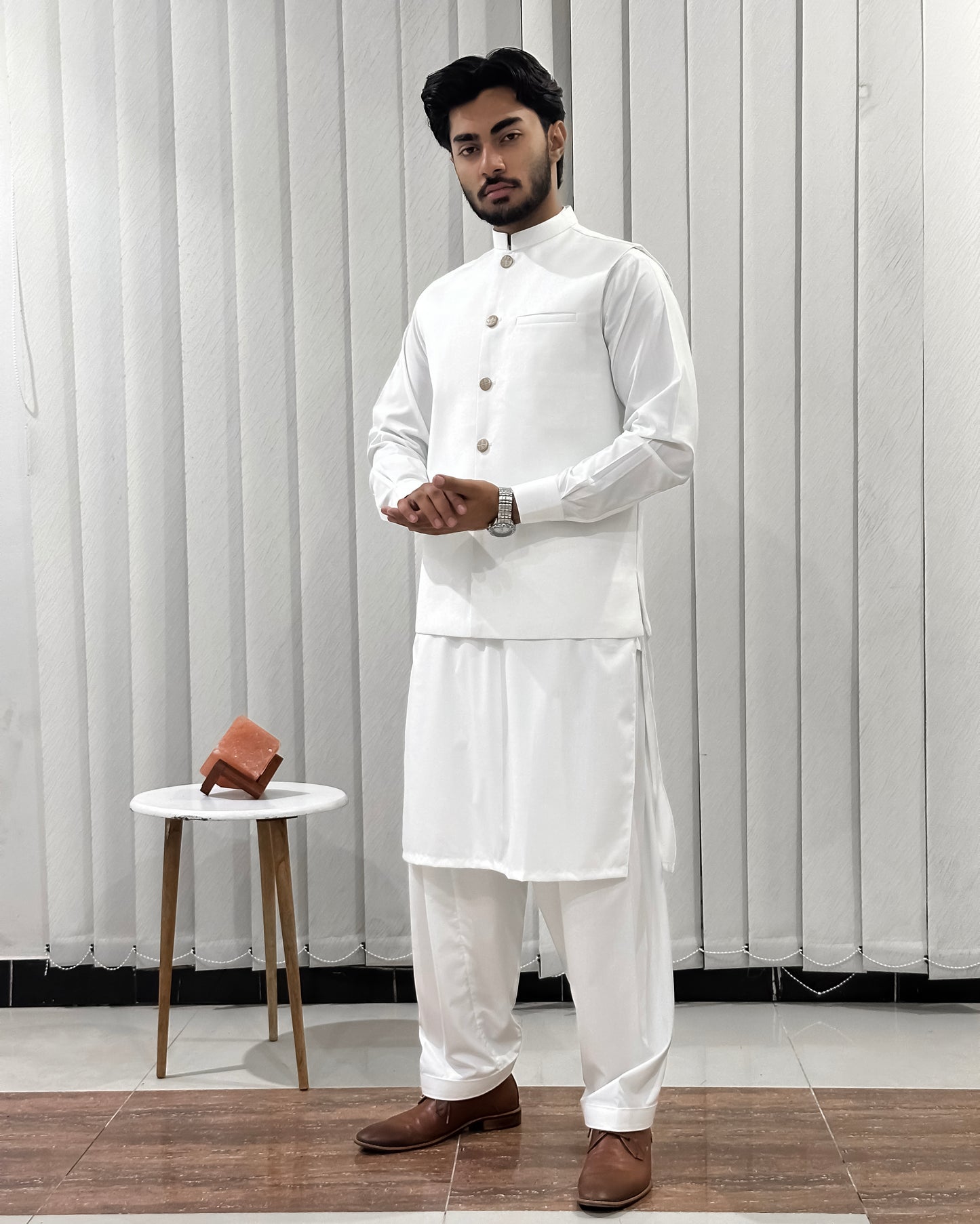 Off White Kurta Shalwar with Suiting Waistcoat - Straight Cut - Men