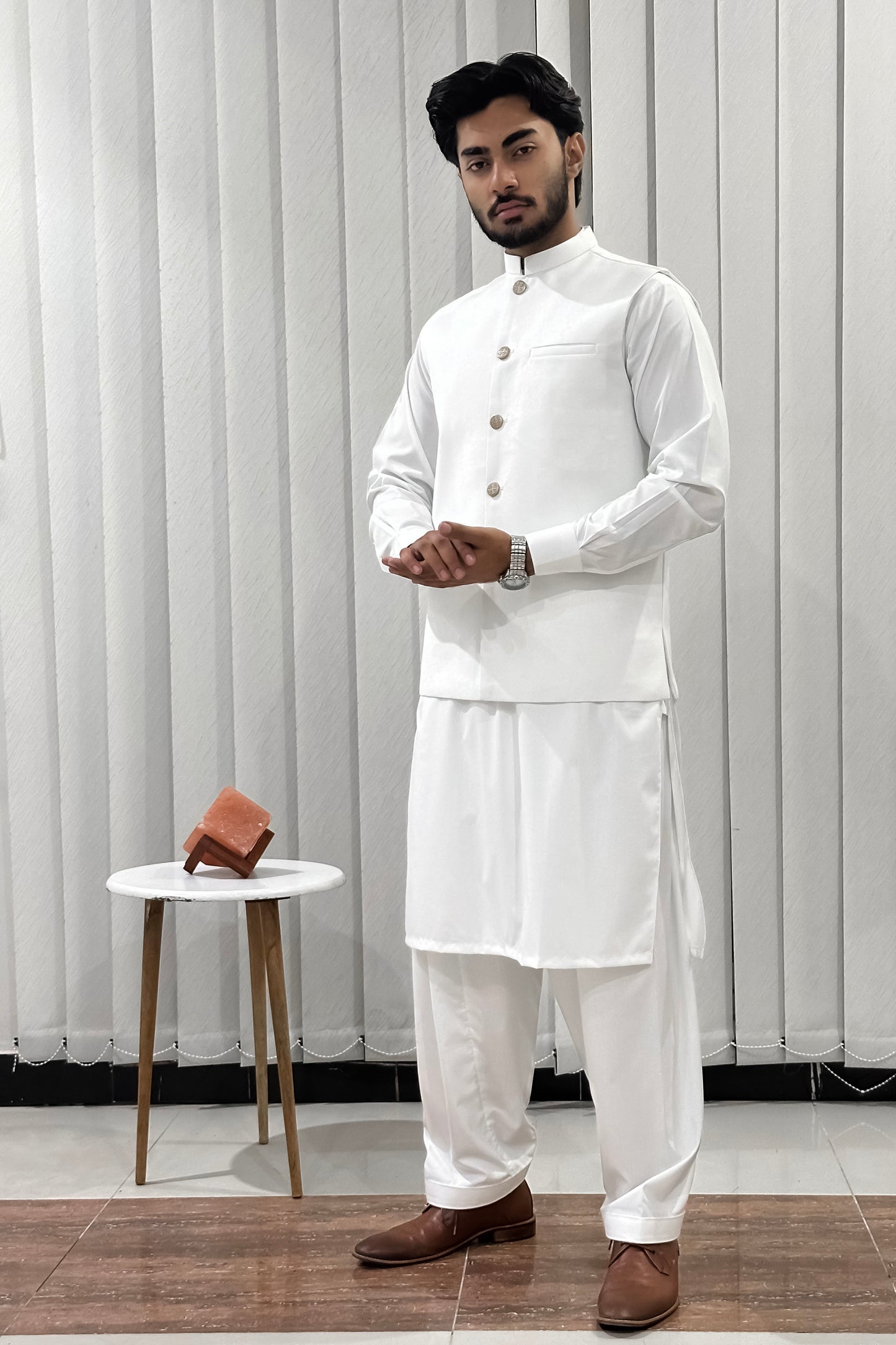 Off White Kurta Shalwar with Suiting Waistcoat - Straight Cut - Men