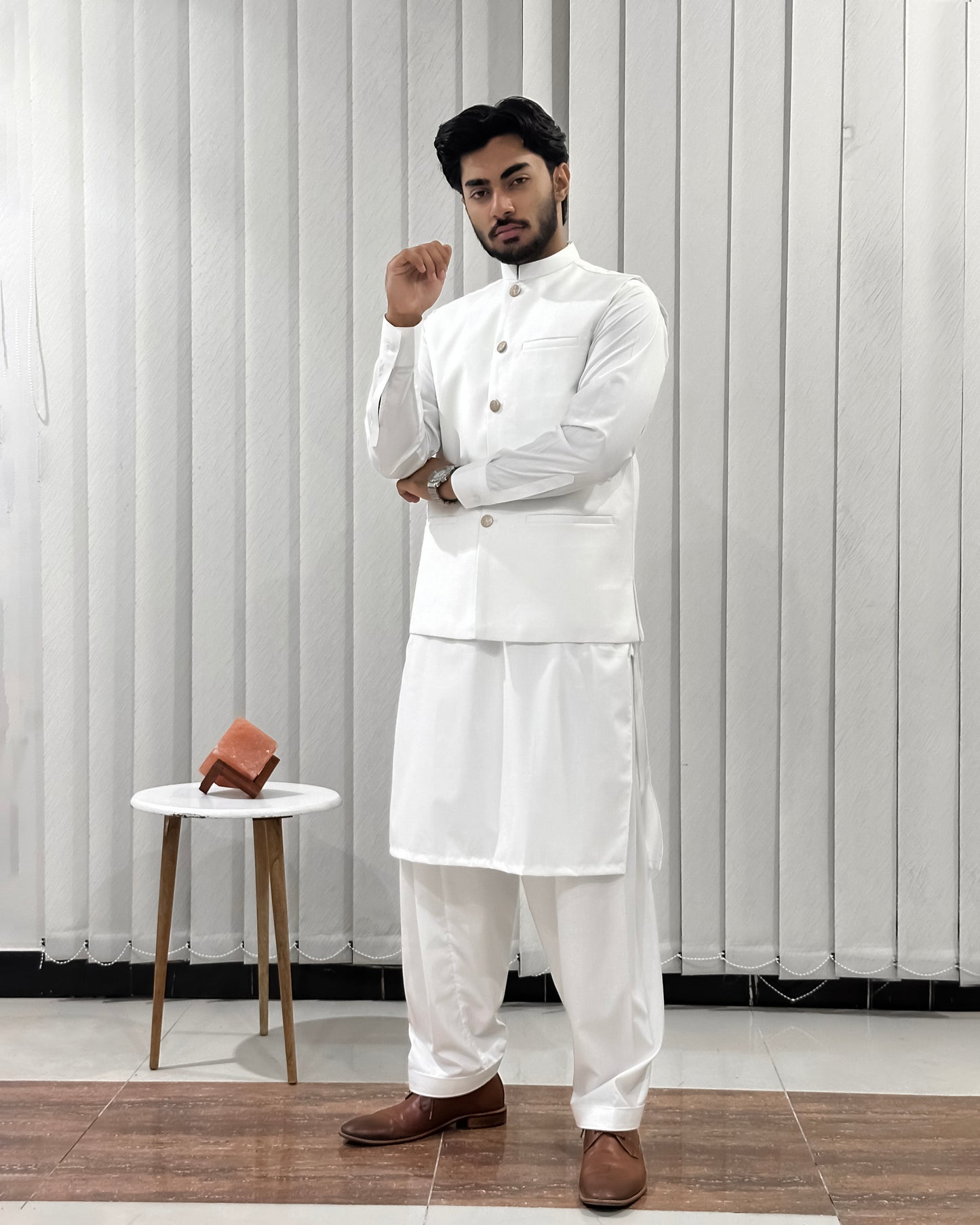 Off White Kurta Shalwar with Suiting Waistcoat - Straight Cut - Men