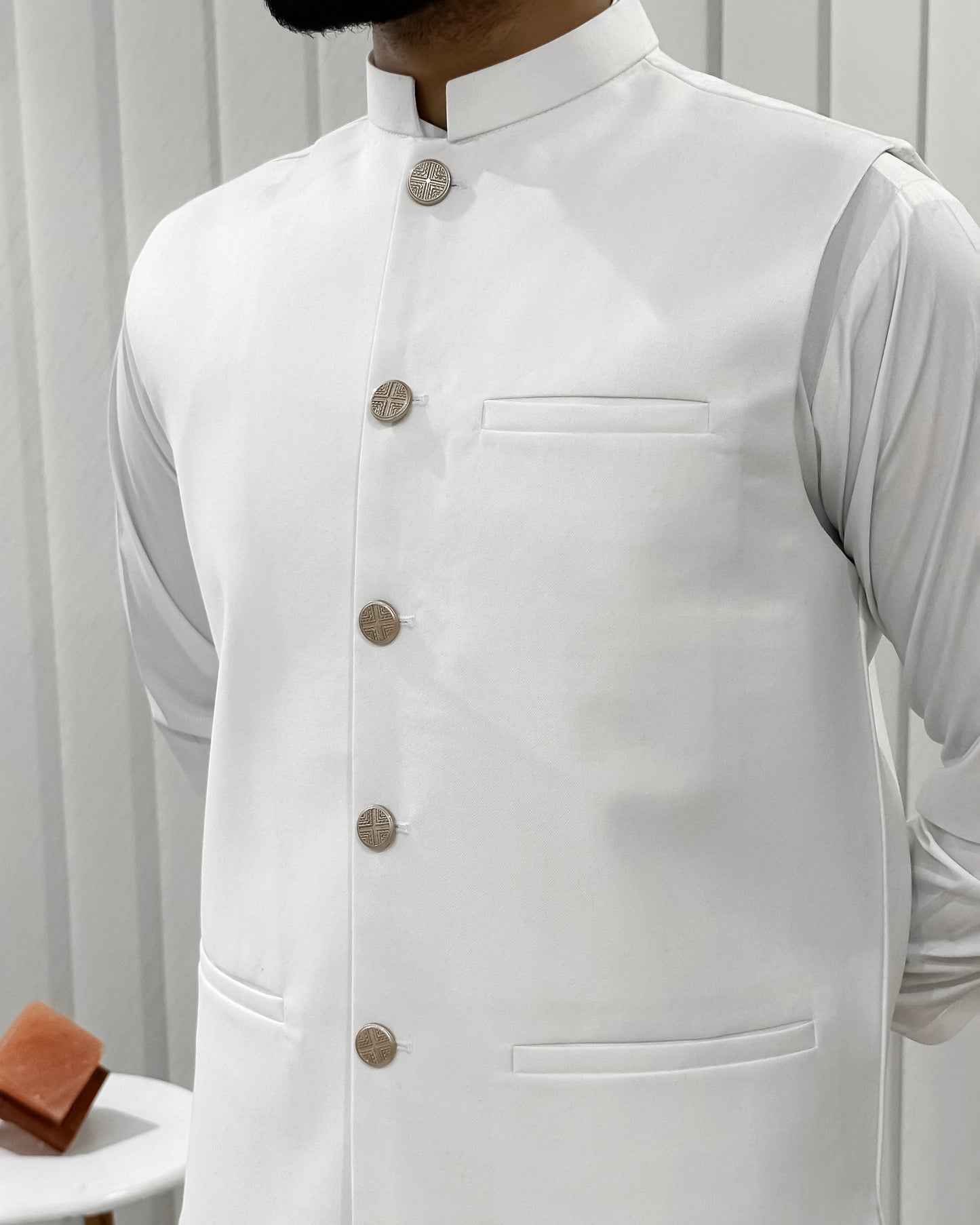 Off White Kurta Shalwar with Suiting Waistcoat - Straight Cut - Men