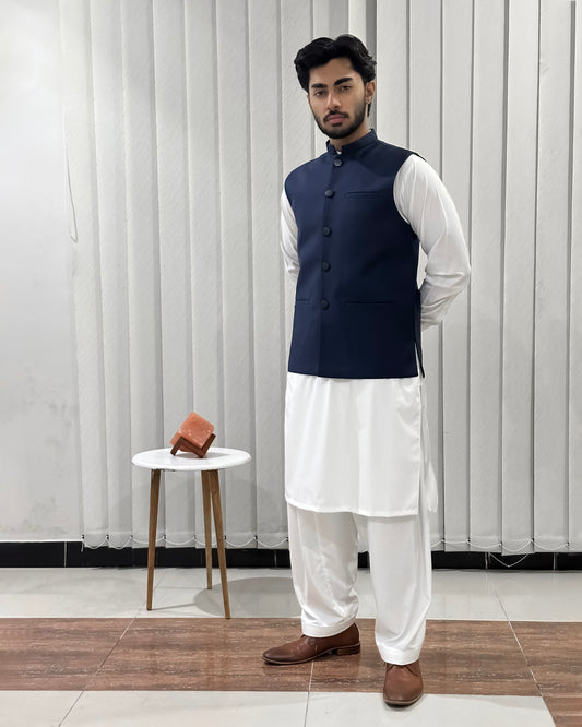 Off White Kurta Shalwar with Navy Blue Suiting Waistcoat - Straight Cut - Men