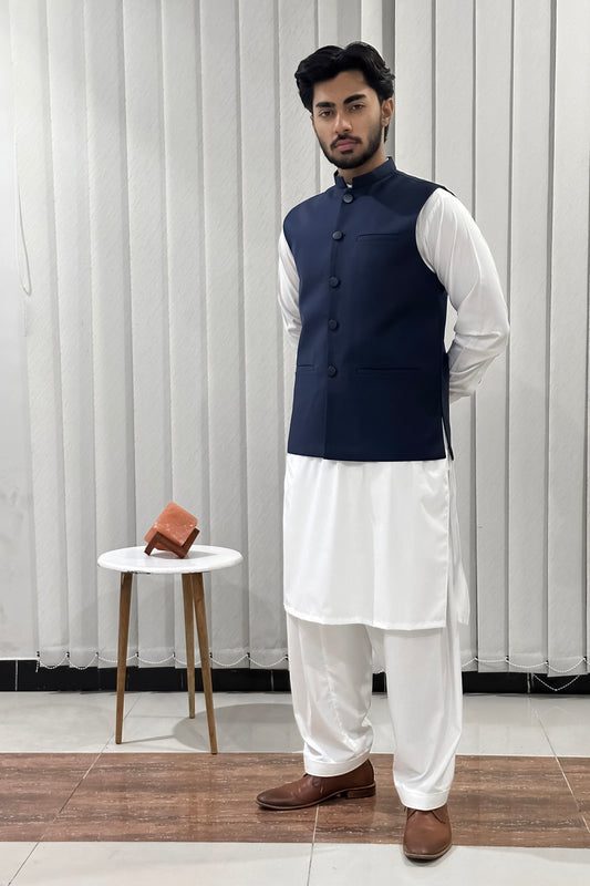 Off White Kurta Shalwar with Navy Blue Suiting Waistcoat - Straight Cut - Men