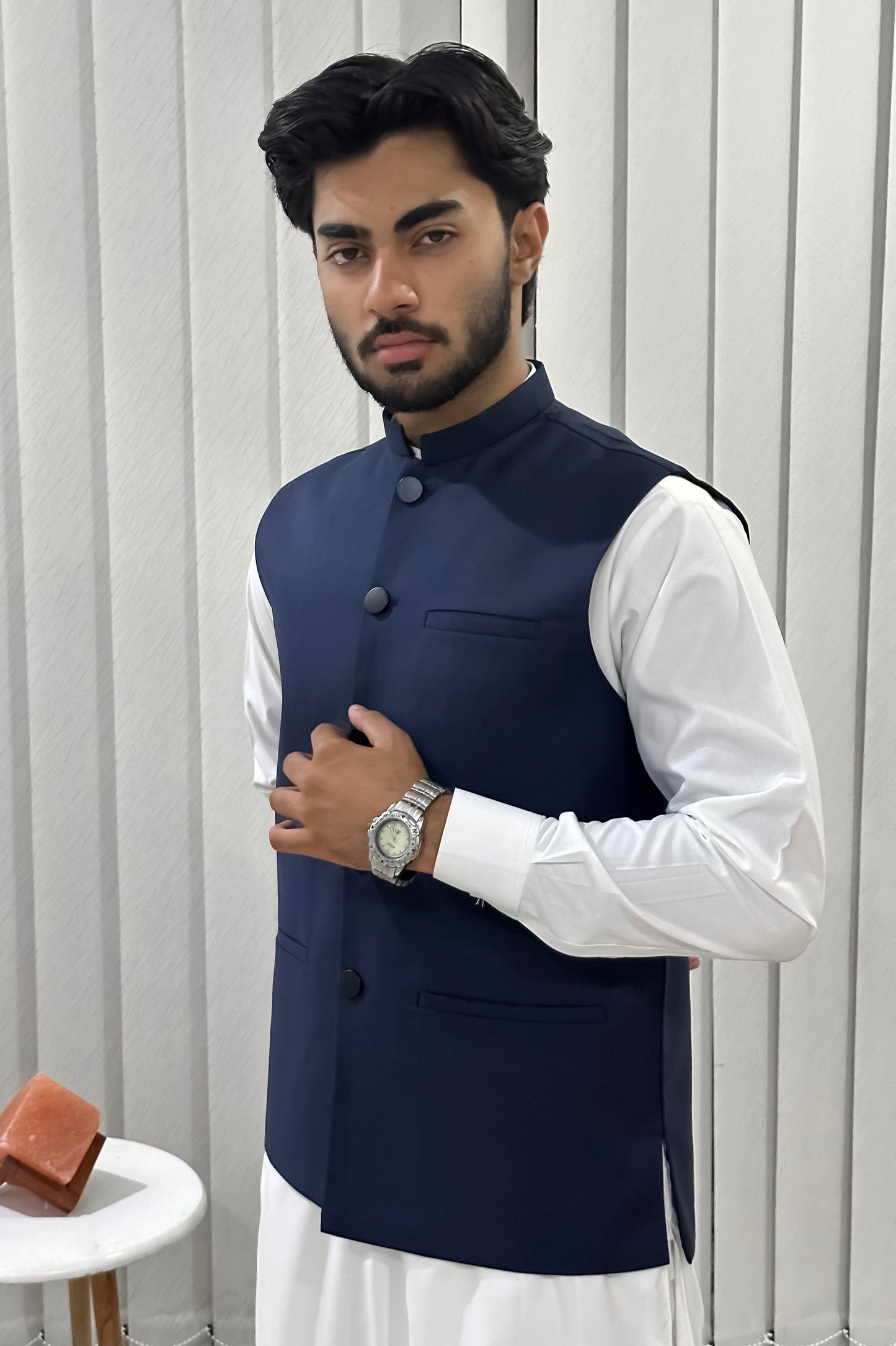 Navy Blue Suiting Waistcoat - Straight Cut Buttoned - Men