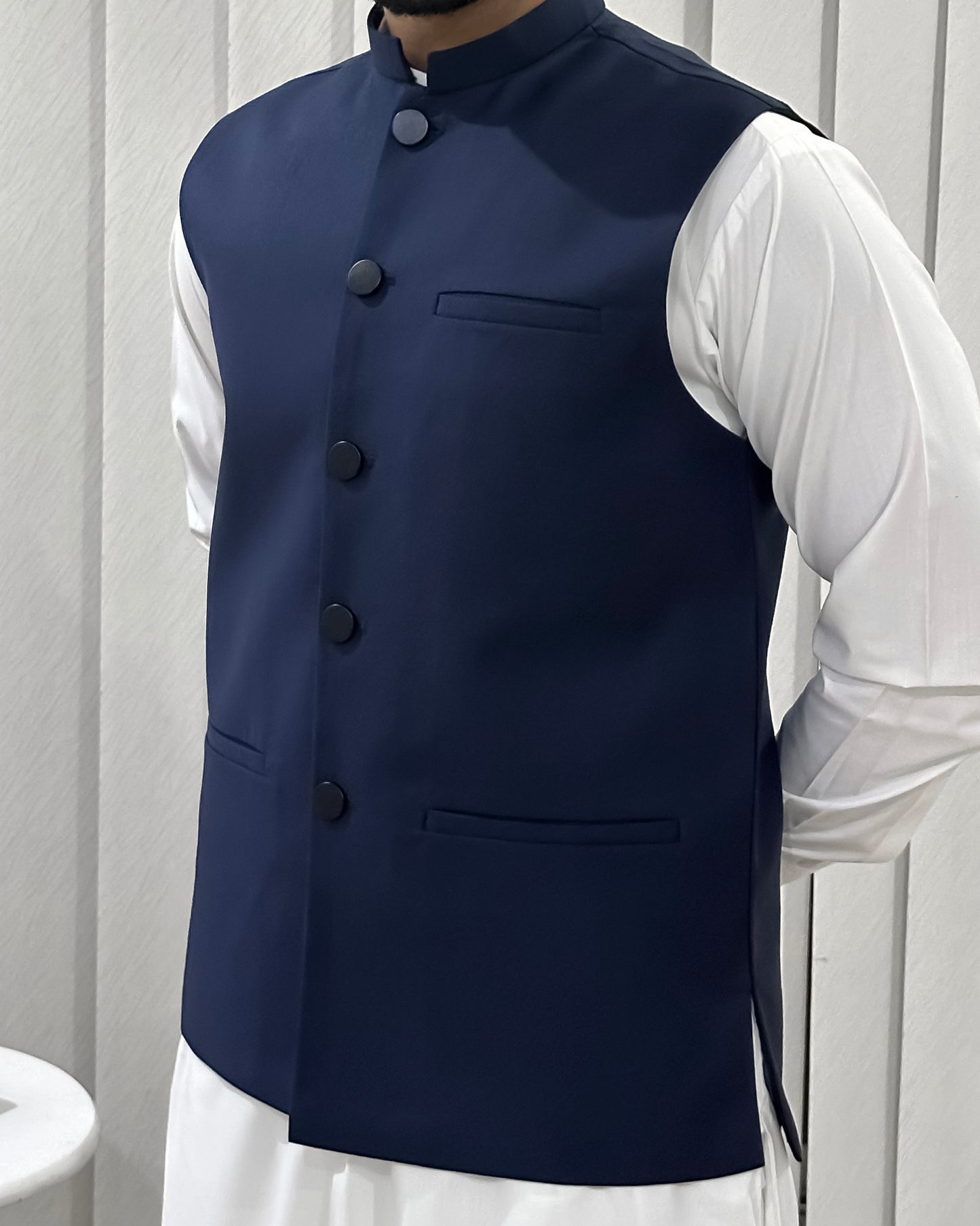 Navy Blue Suiting Waistcoat - Straight Cut Buttoned - Men