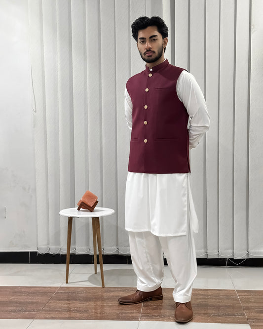 Off White Kurta Shalwar with Maroon Suiting Waistcoat - Straight Cut - Men