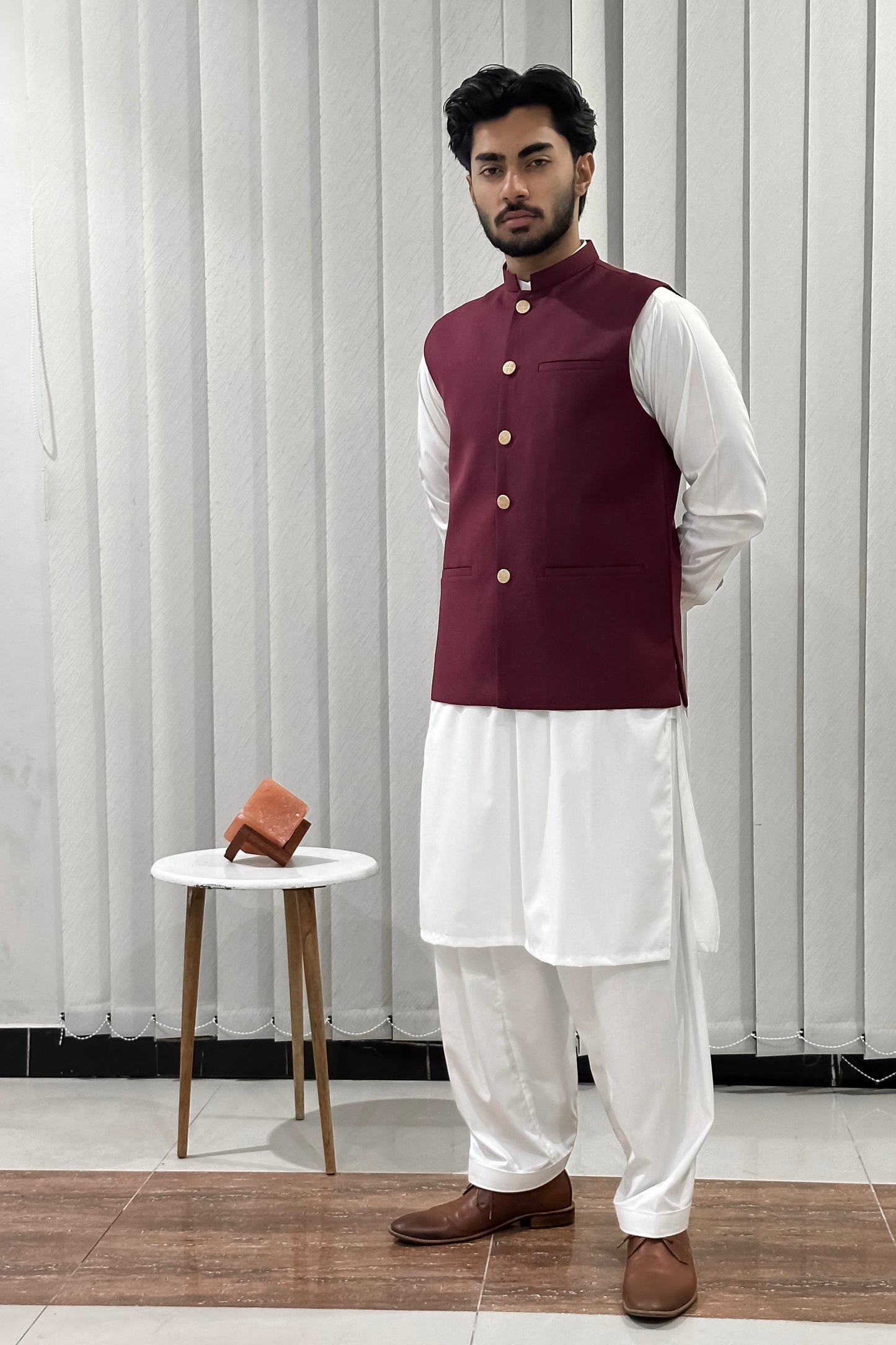 Off White Kurta Shalwar with Maroon Suiting Waistcoat - Straight Cut - Men