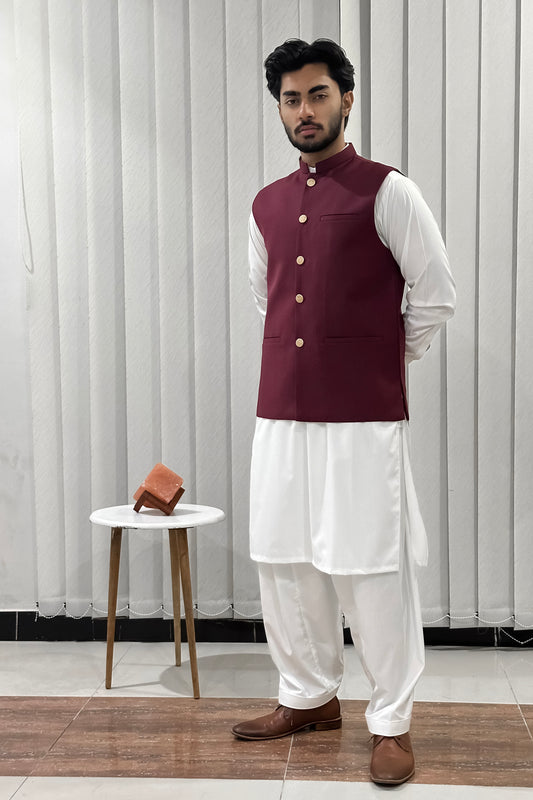 Off White Kurta Shalwar with Maroon Suiting Waistcoat - Straight Cut - Men