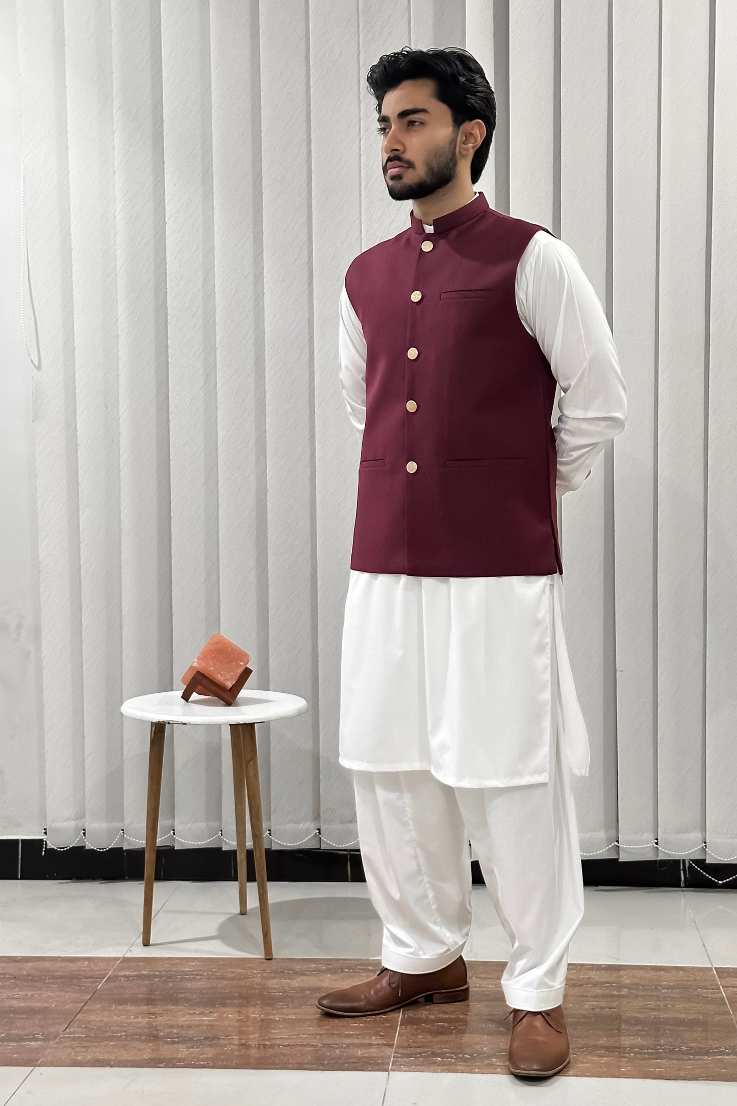 Off White Kurta Shalwar with Maroon Suiting Waistcoat - Straight Cut - Men