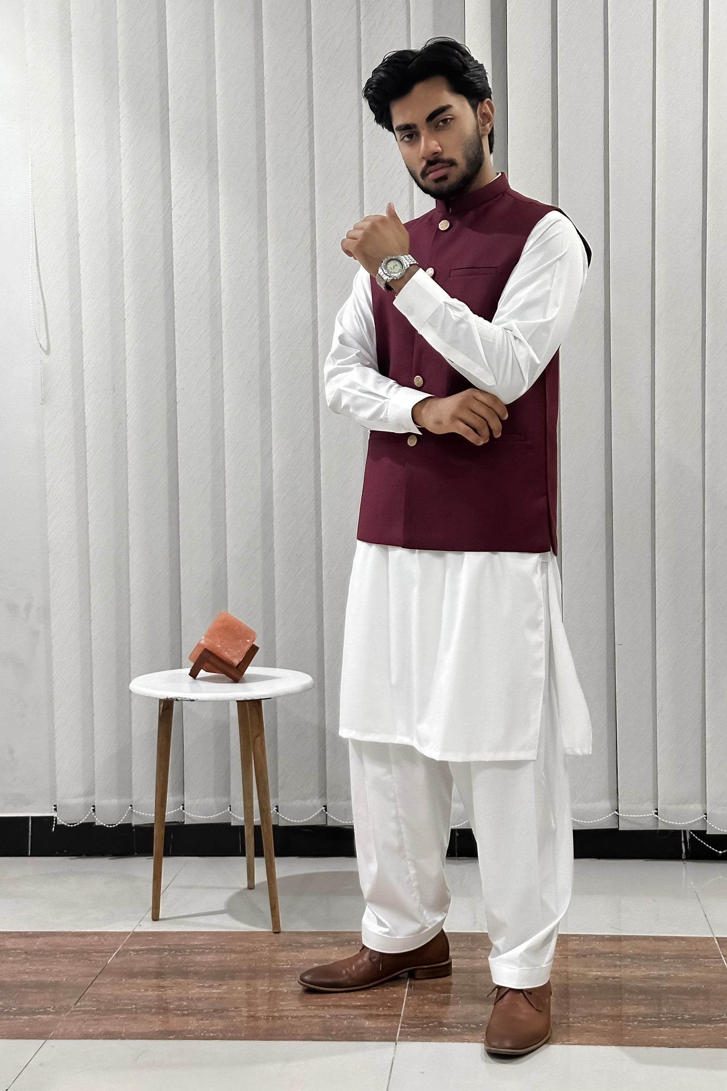 Off White Kurta Shalwar with Maroon Suiting Waistcoat - Straight Cut - Men