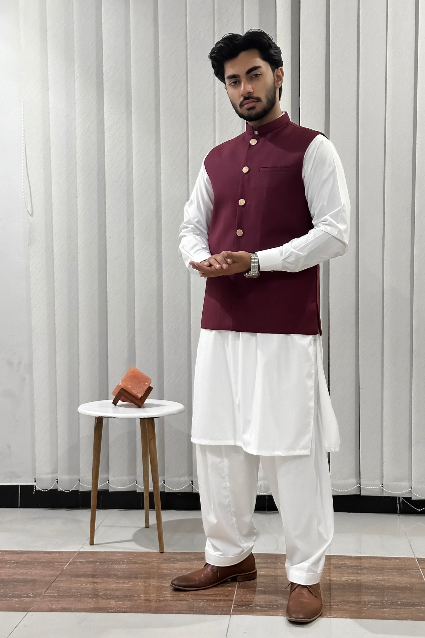 Off White Kurta Shalwar with Maroon Suiting Waistcoat - Straight Cut - Men