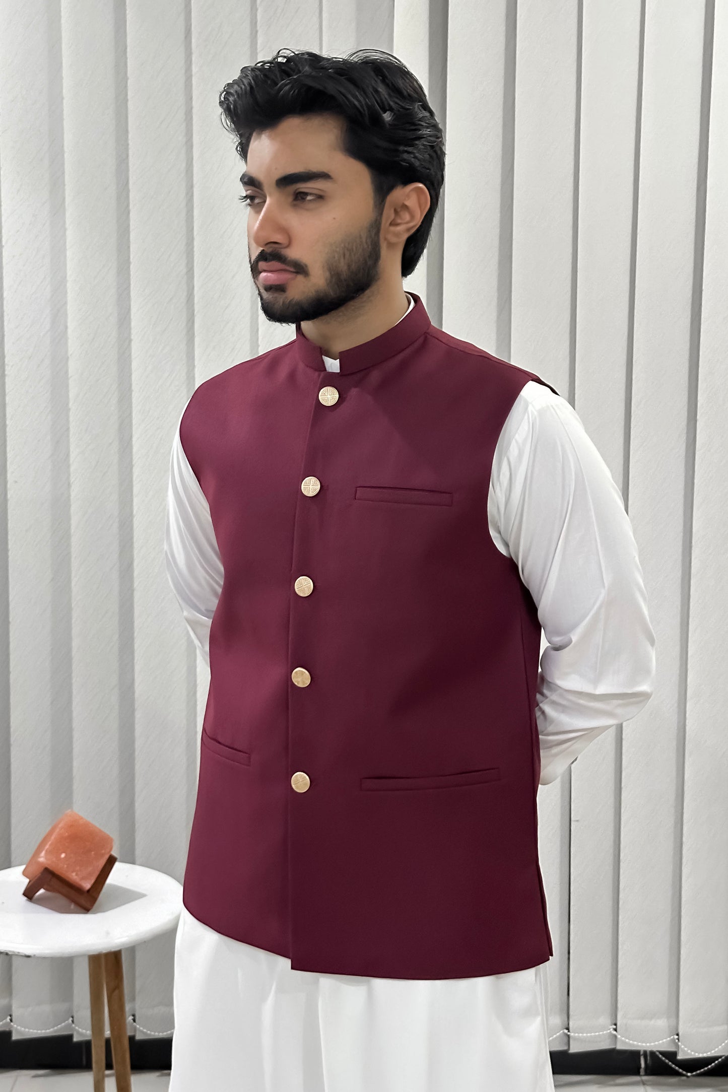 Off White Kurta Shalwar with Maroon Suiting Waistcoat - Straight Cut - Men