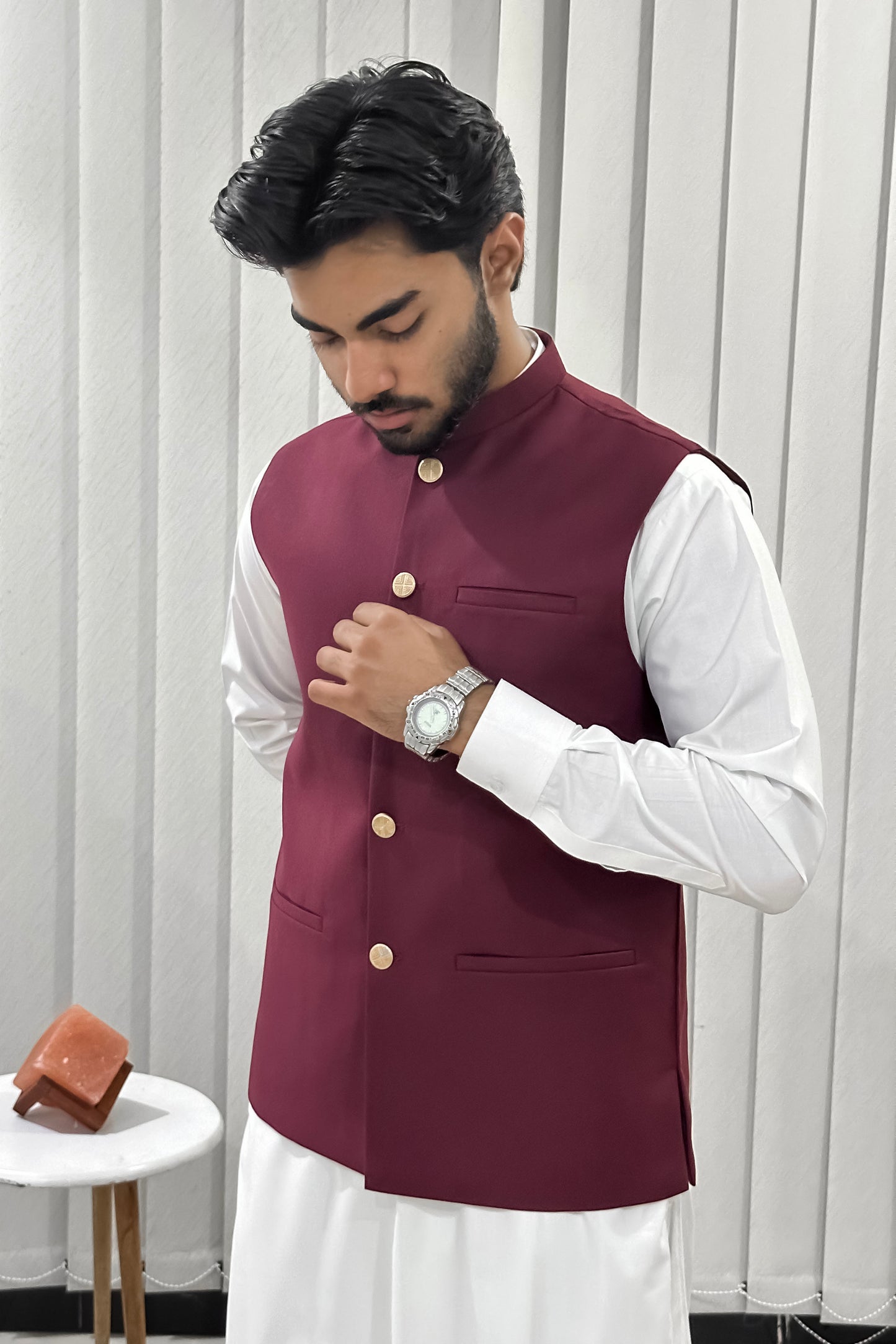 Off White Kurta Shalwar with Maroon Suiting Waistcoat - Straight Cut - Men